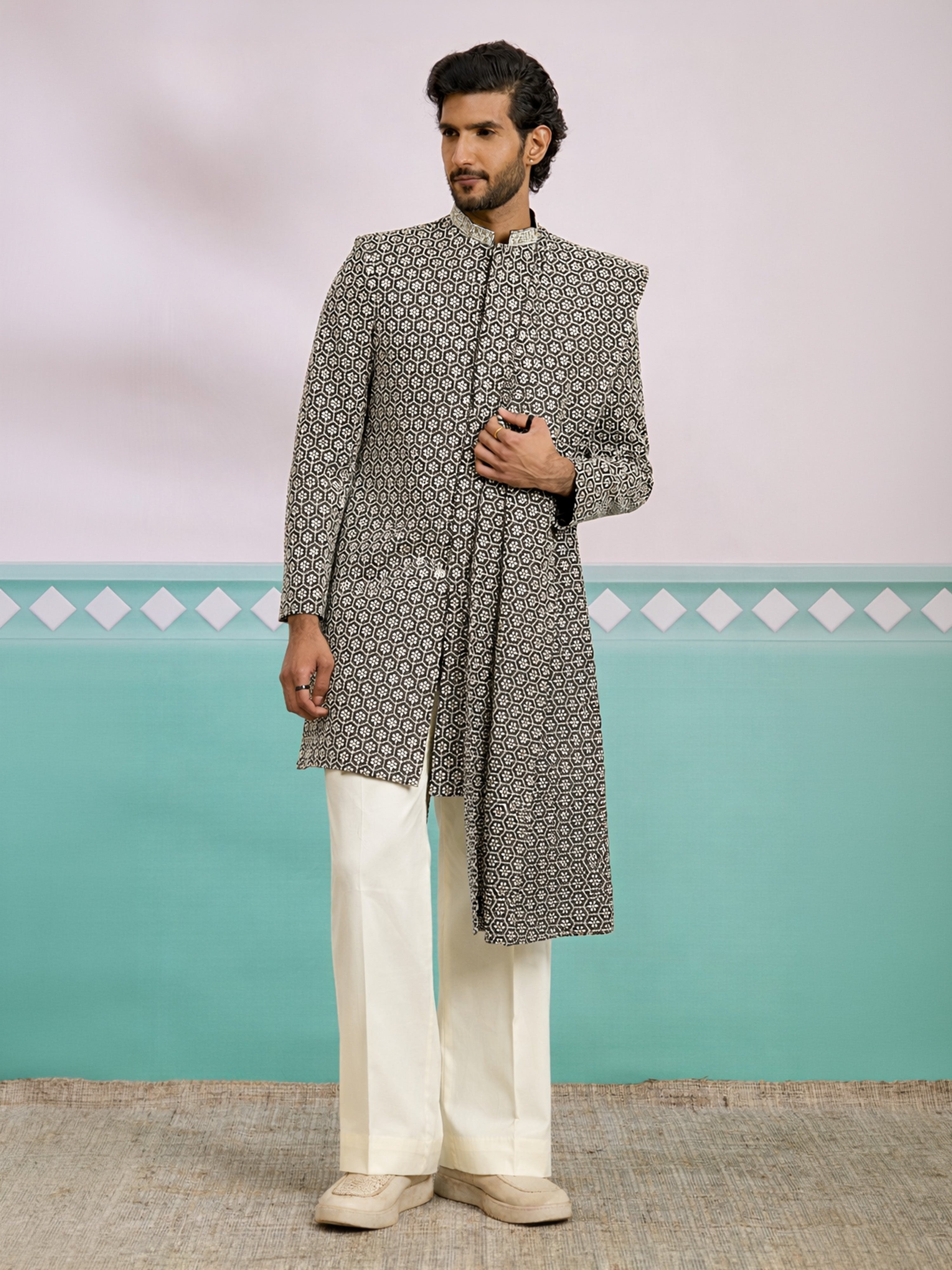 Men's Black Rayon Geometry Thigh Length Indo Western Set with Wide Leg Pant
