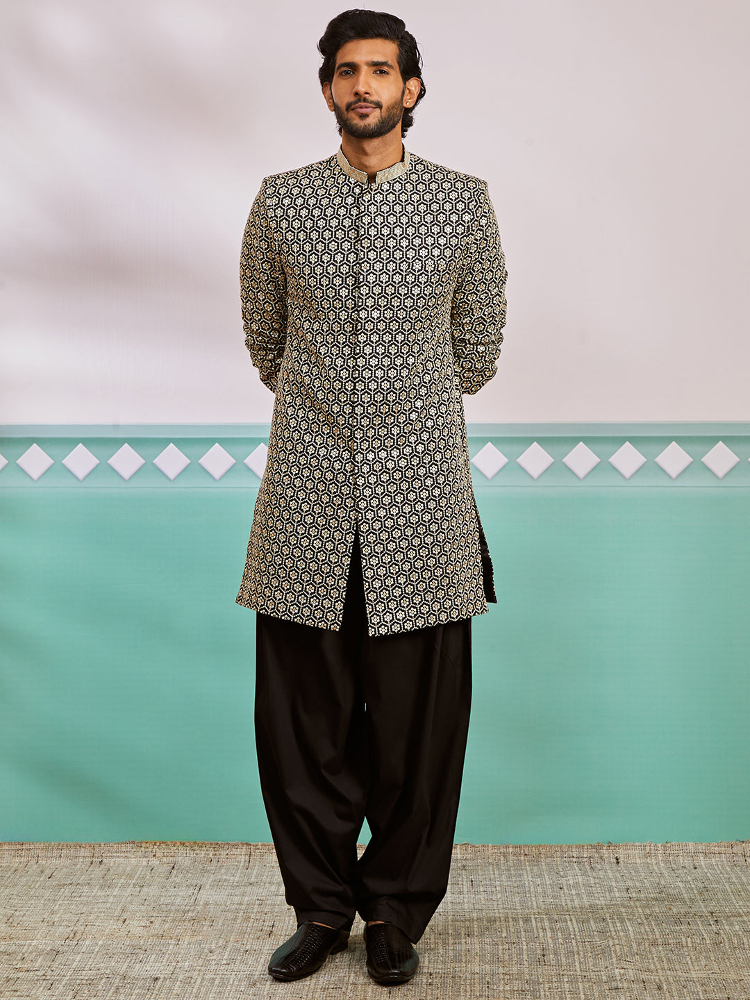 Men's Black Rayon Indo Western,Patiala Set