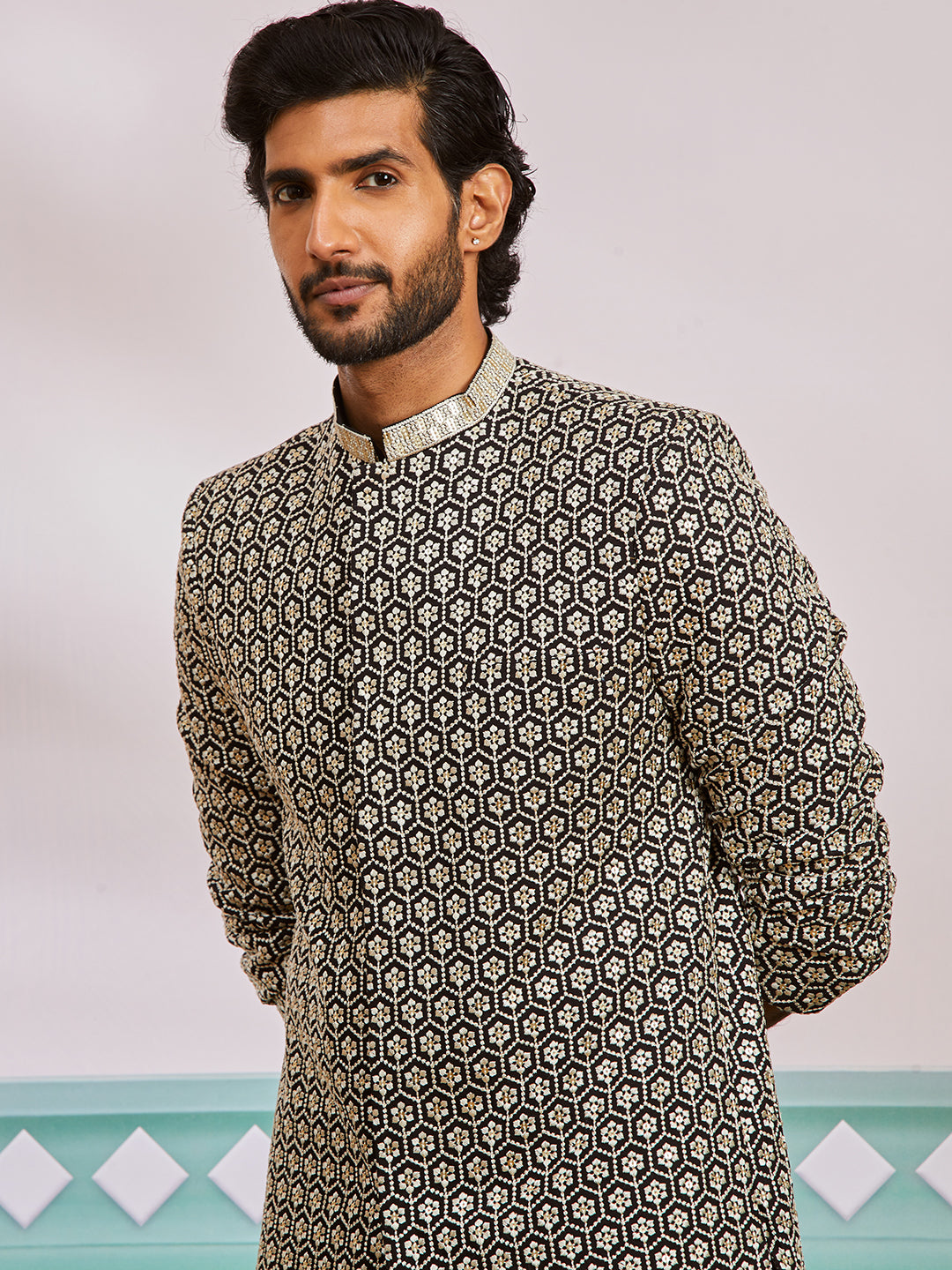 Men's Black Rayon Indo Western,Patiala Set