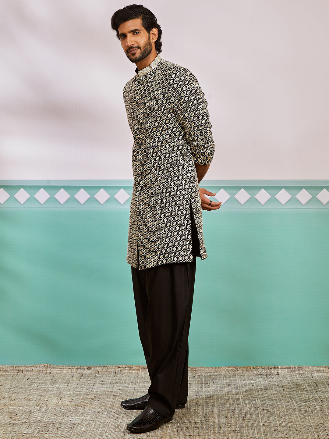 Men's Black Rayon Indo Western,Patiala Set