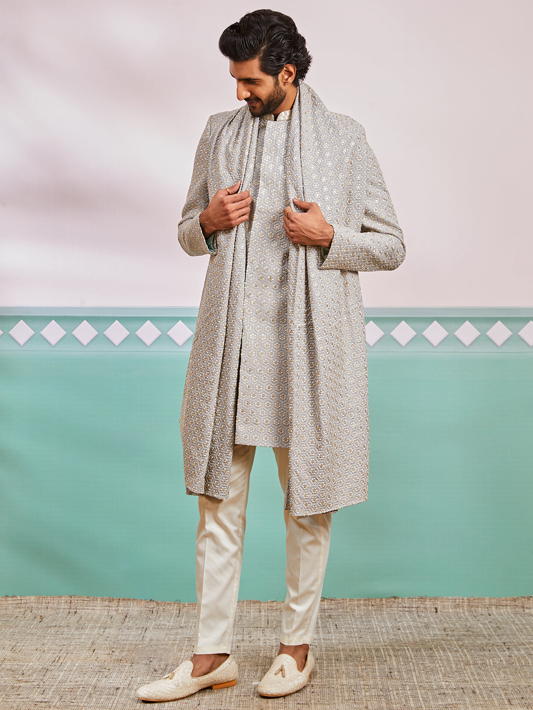 Men's Grey Rayon Indo Western,Pyjama And Dupatta Set
