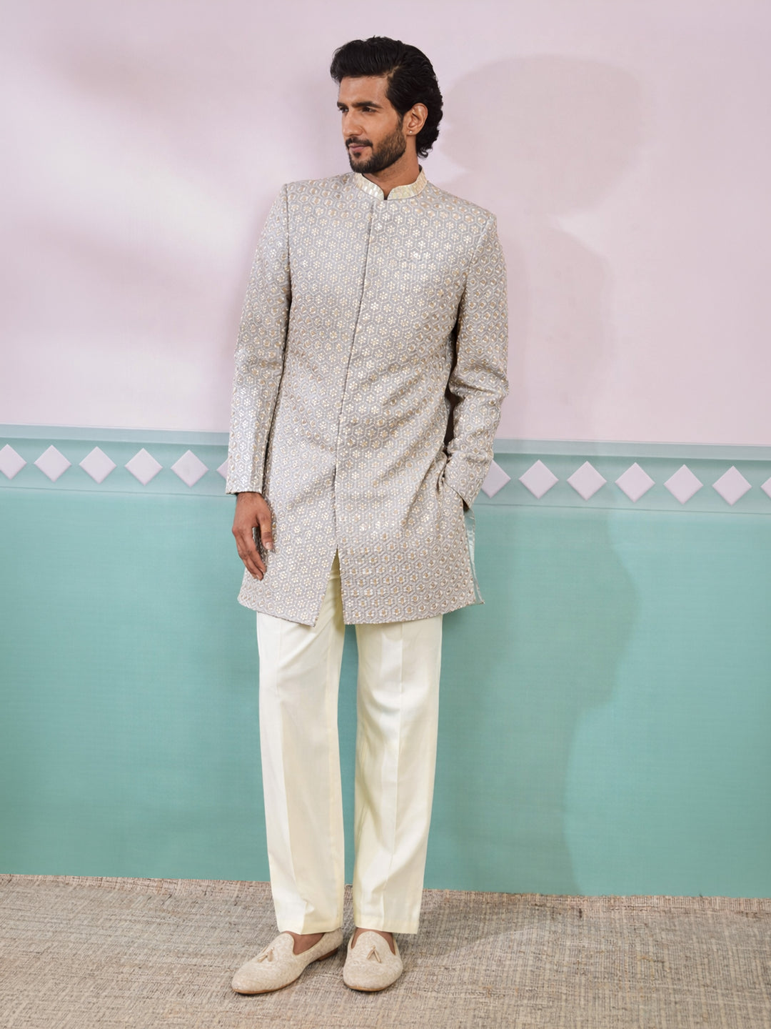 Grey Rayon Embroidered Indo Western Set with Wide Leg Pant