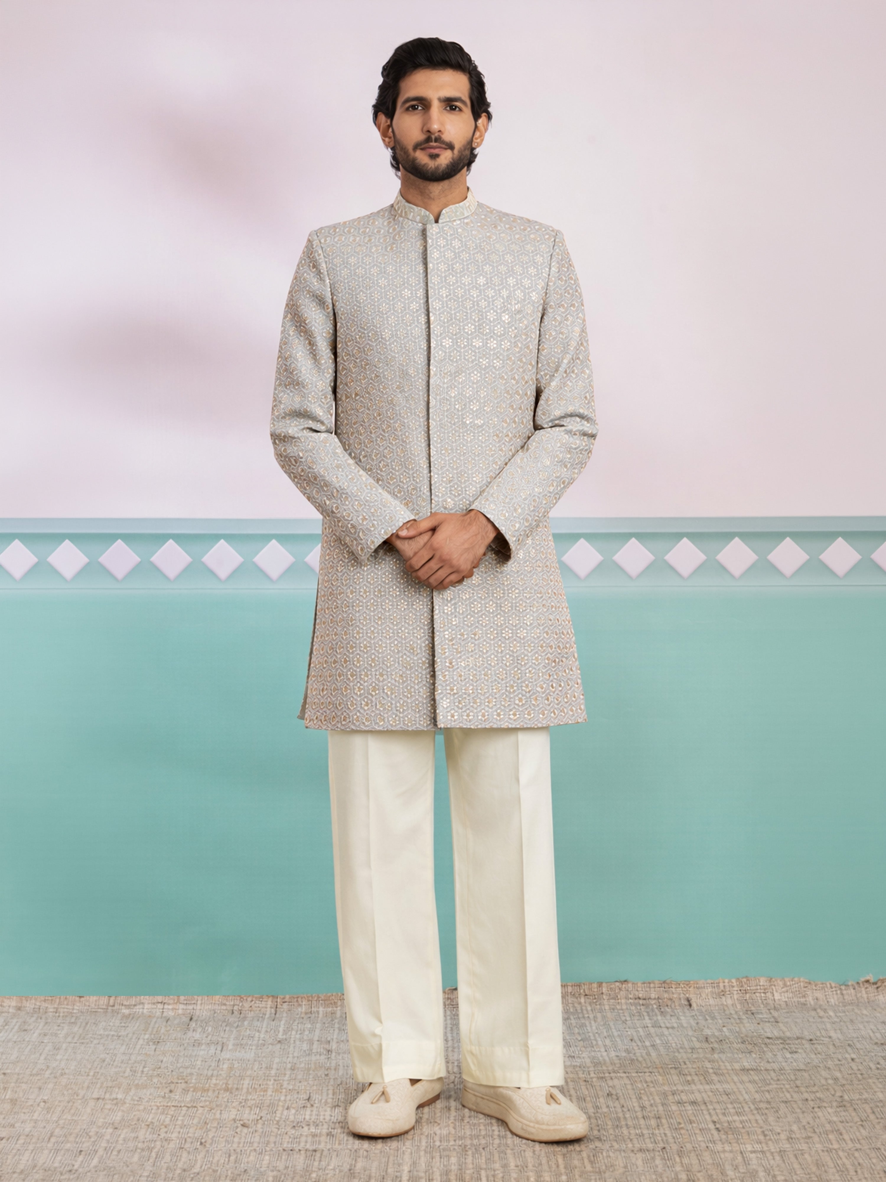 Men's Grey Rayon Geometry Thigh Length Indo Western Set with Wide Leg Pant