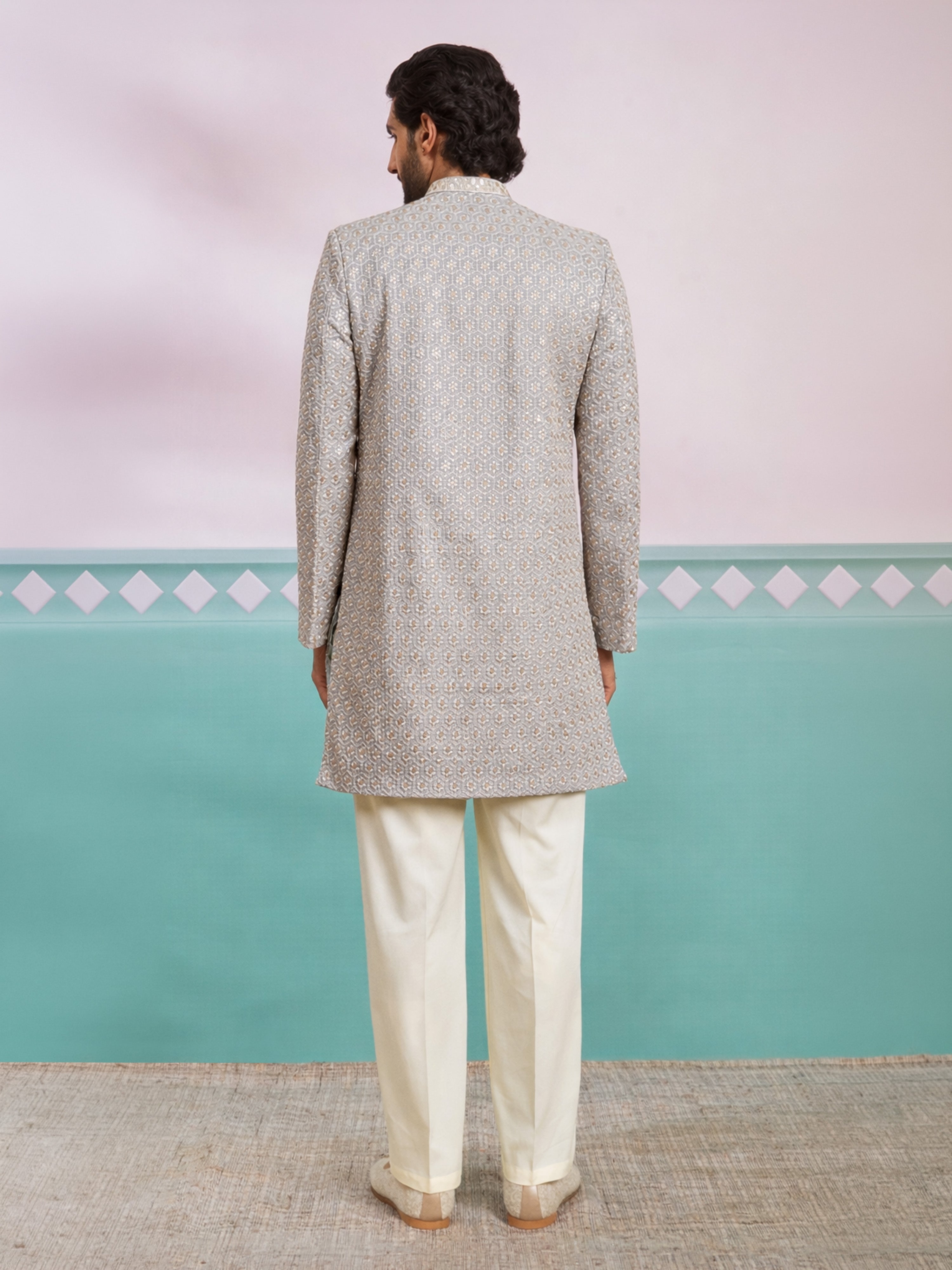 Men's Grey Rayon Geometry Thigh Length Indo Western Set with Wide Leg Pant
