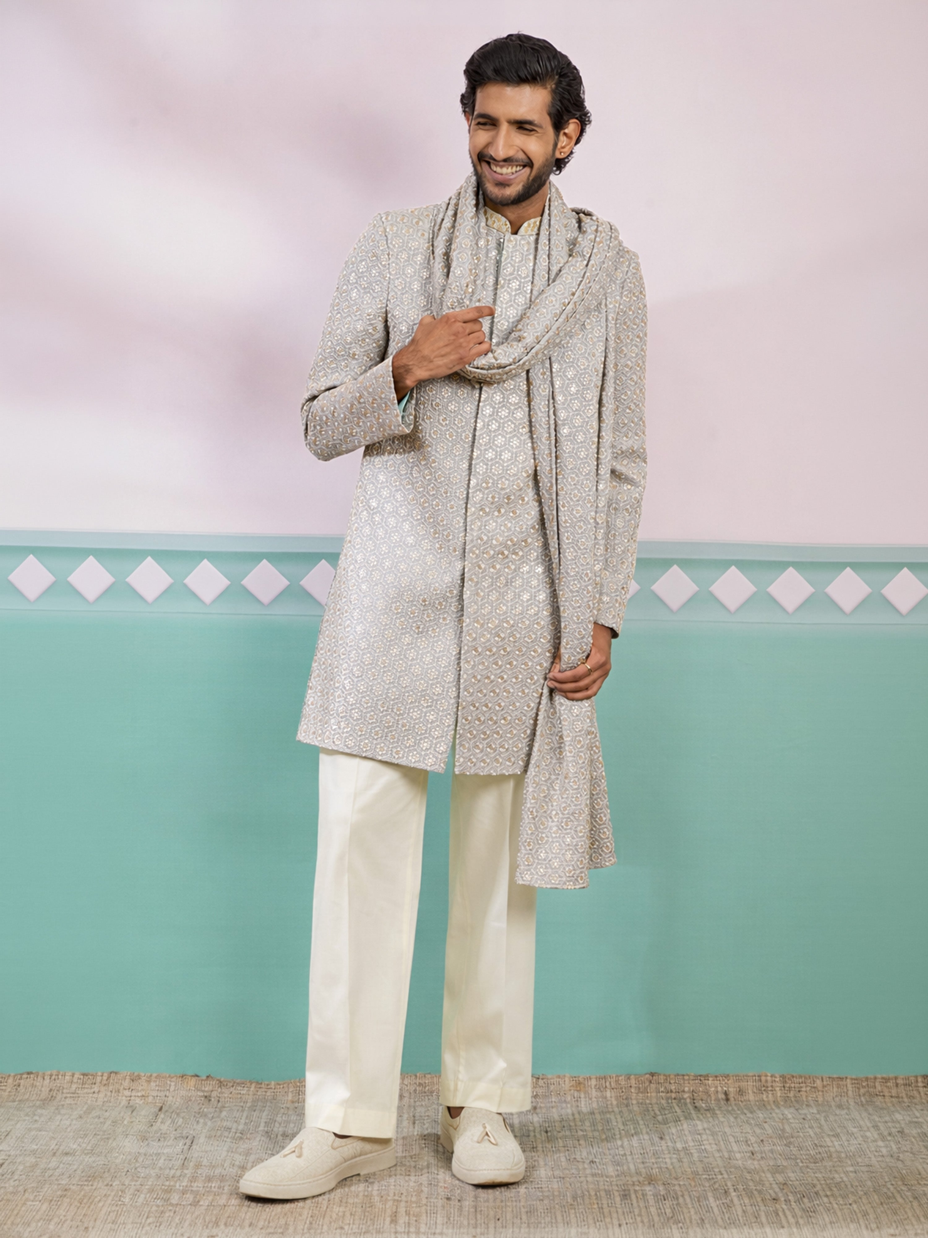 Grey Rayon Embroidered Indo Western Set with Dupatta