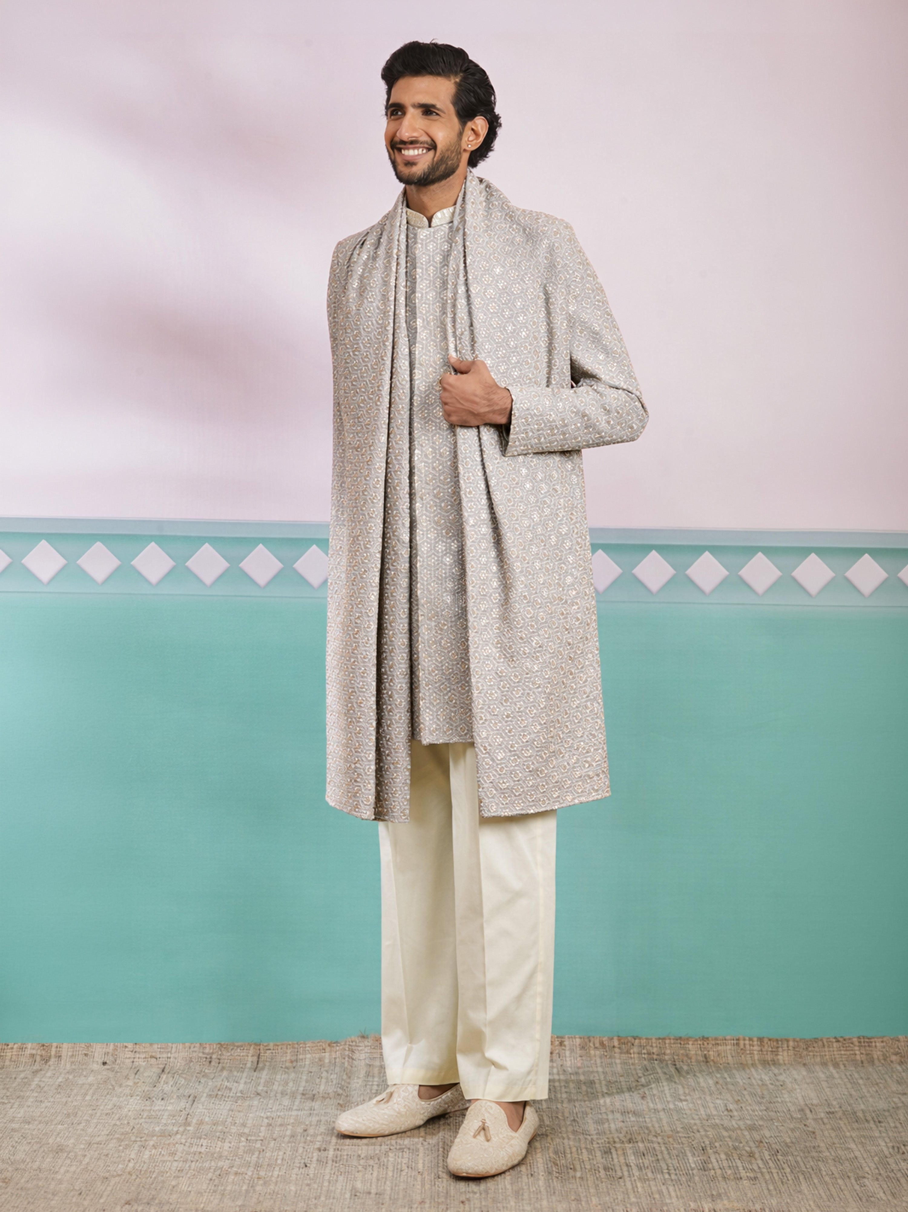 Men's Grey Rayon Geometry Above Knee Indo Western Set with Wide Leg Pant