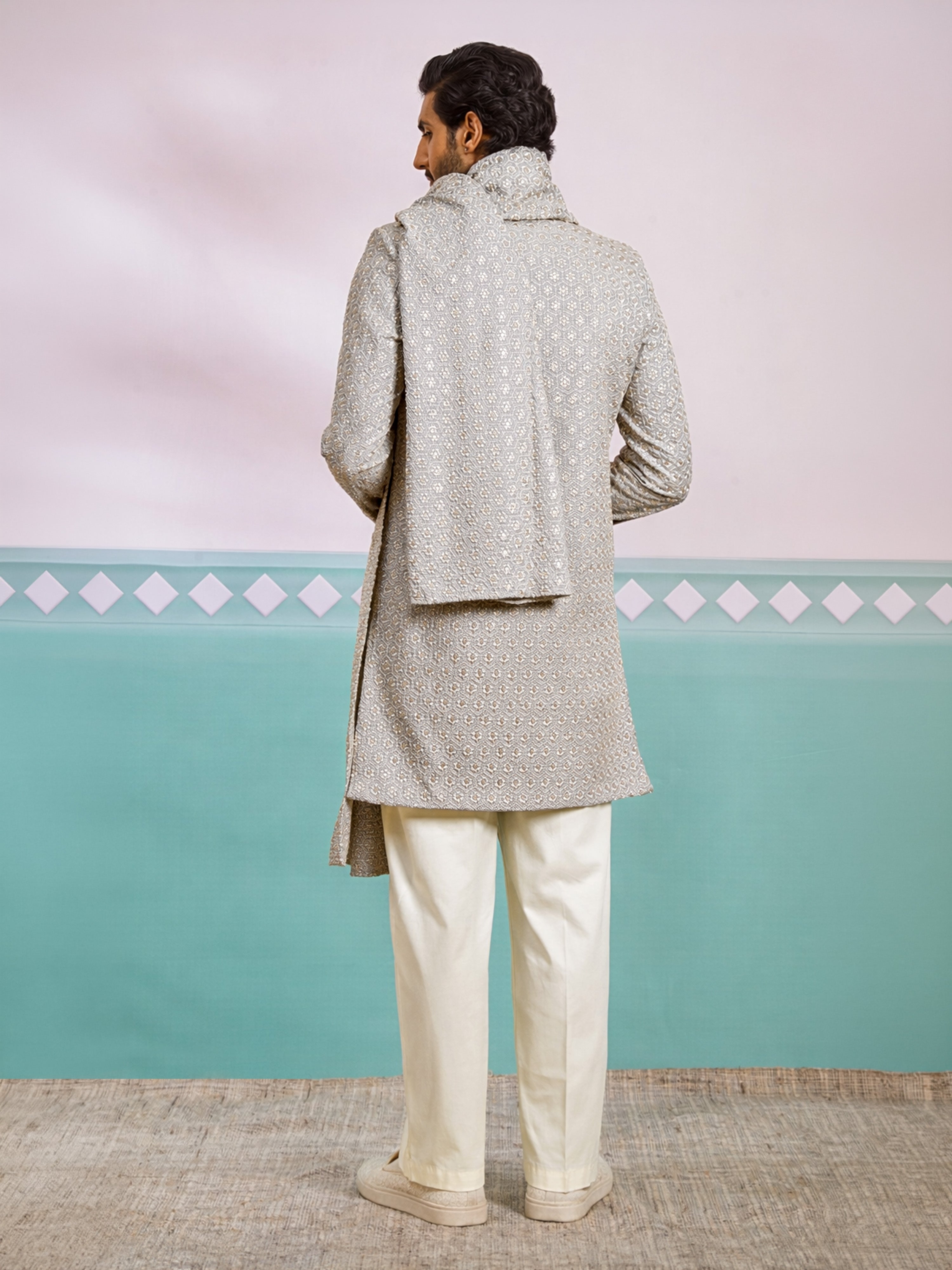 Men's Grey Rayon Geometry Above Knee Indo Western Set with Wide Leg Pant