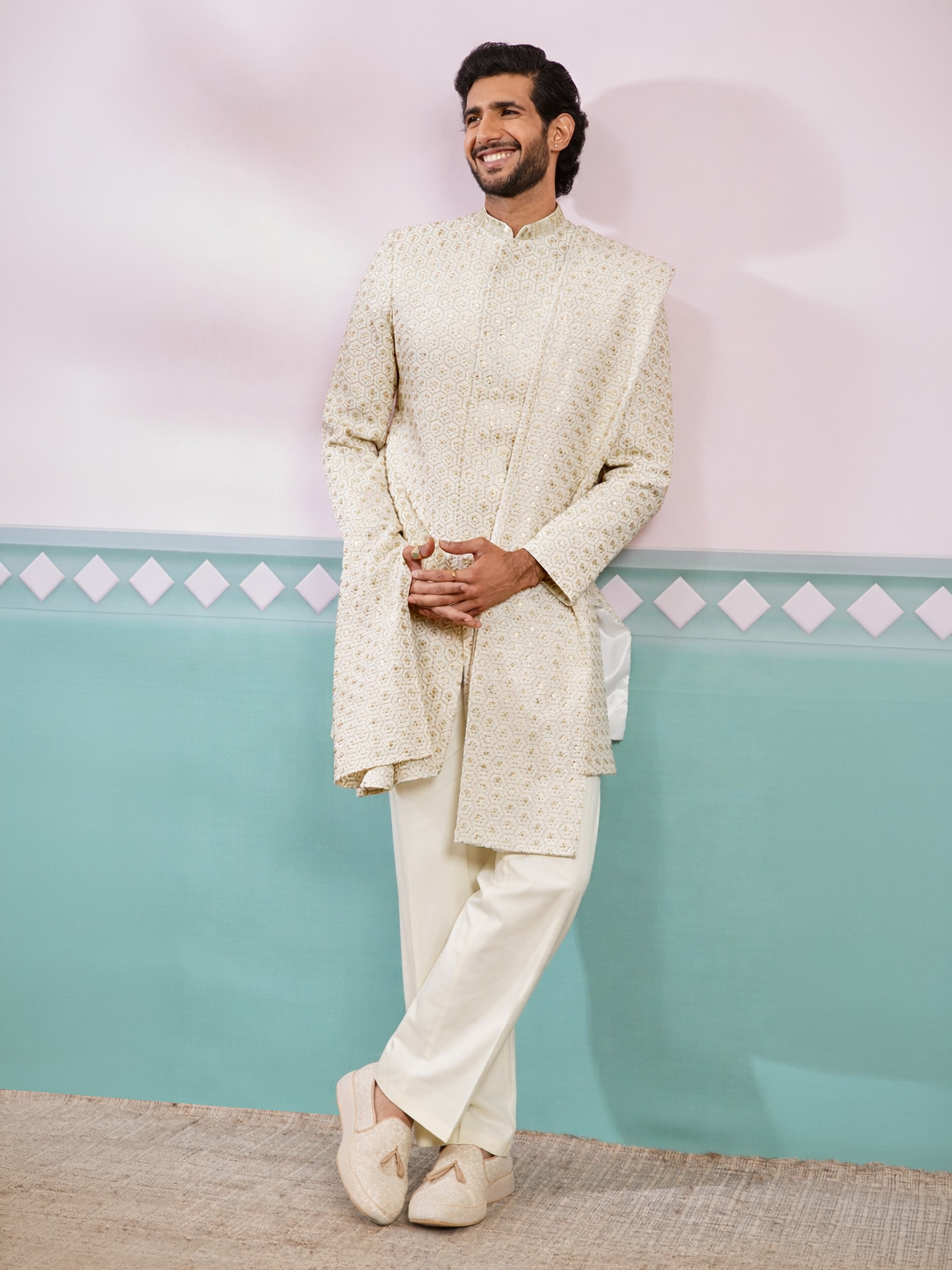 Off White Rayon Embroidered Indo Western Set for Men