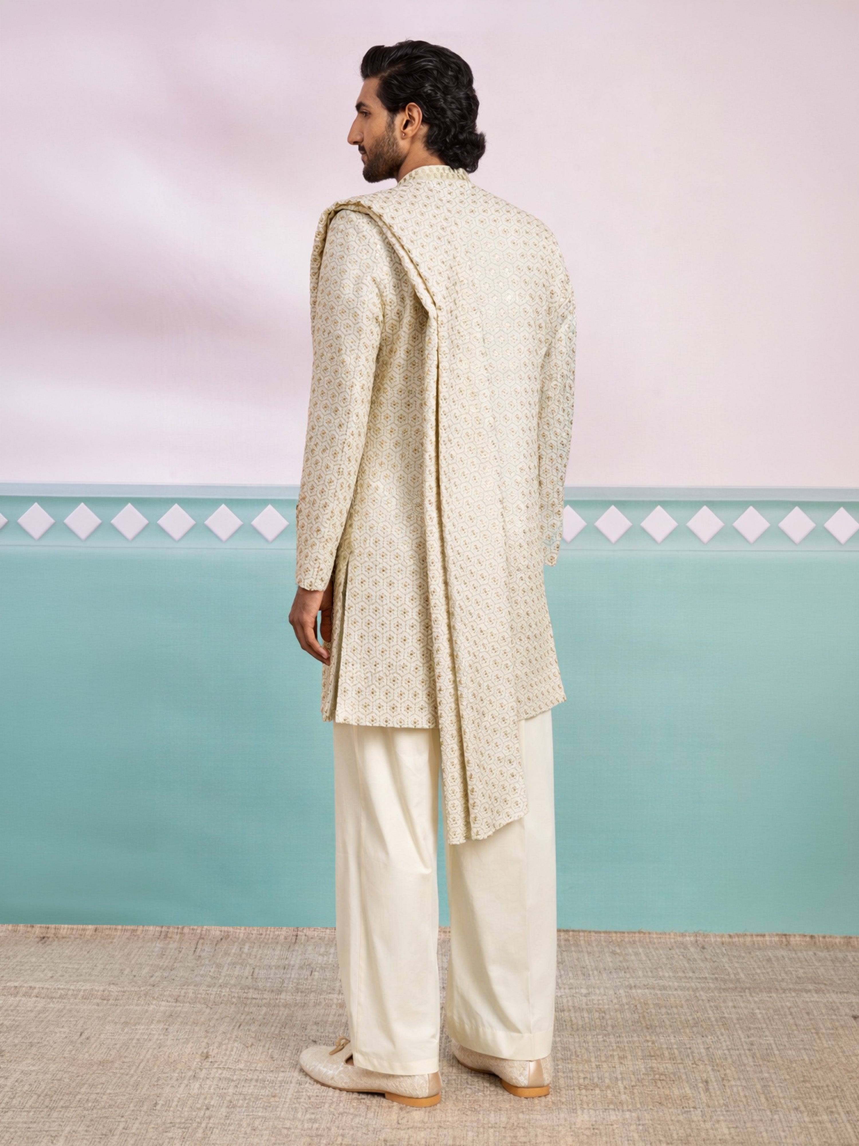 Men's Off-White Rayon Geometry Above Knee Indo Western Set with Wide Leg Pant