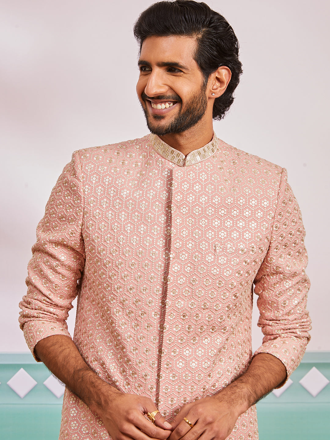 Men's Peach Rayon Indo Western And Pyjama Set