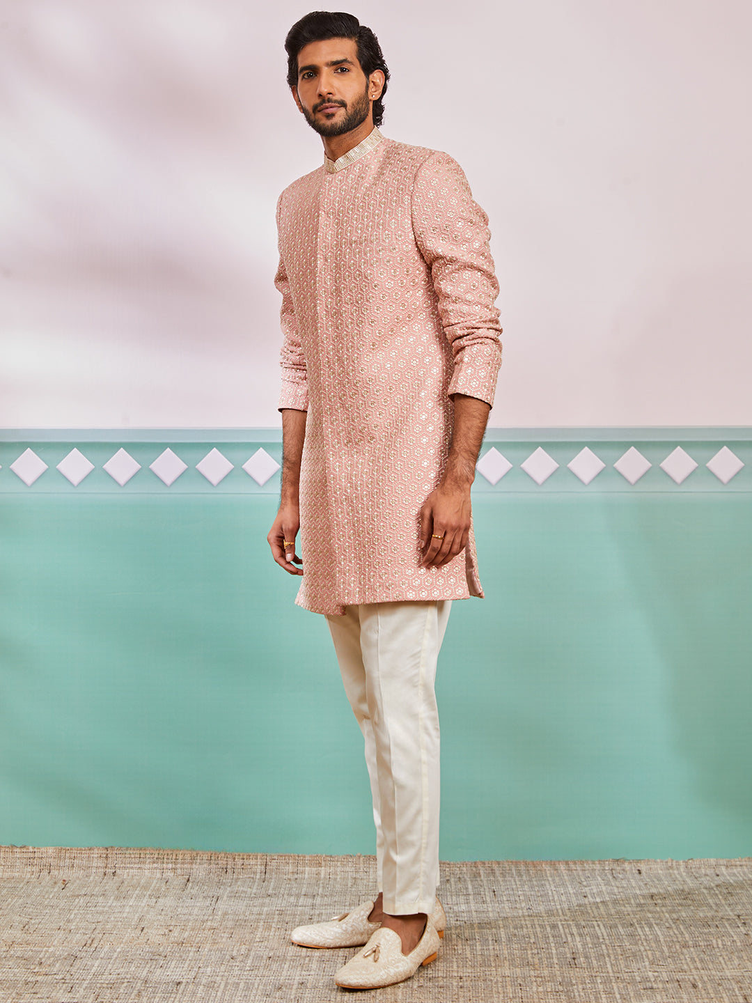 Men's Peach Rayon Indo Western And Pyjama Set
