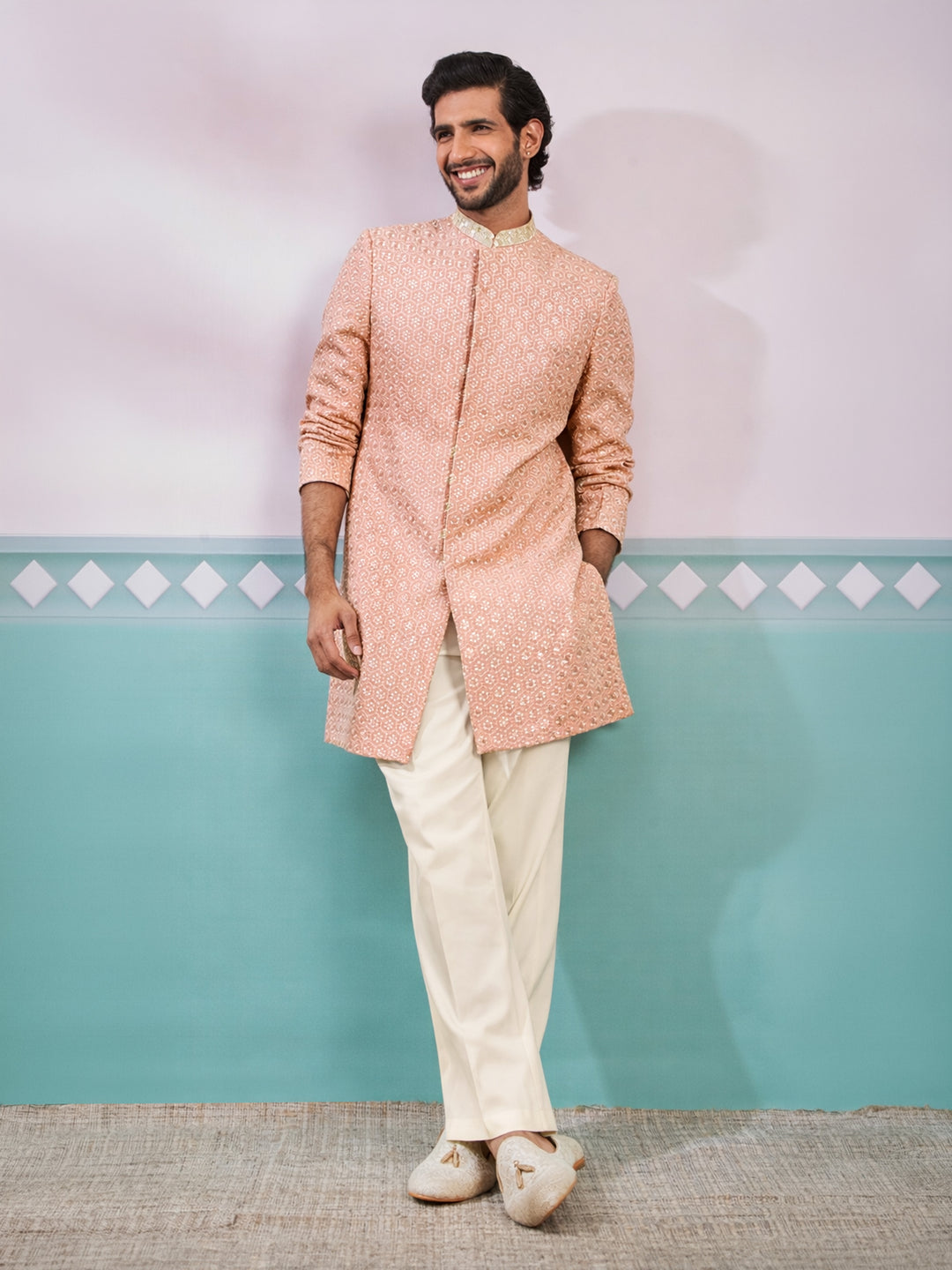 Peach Rayon Embroidered Indo-Western Set for Men