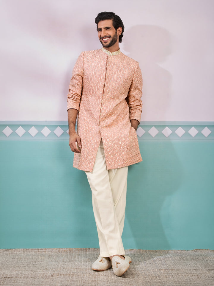 Peach Rayon Embroidered Indo-Western Set for Men