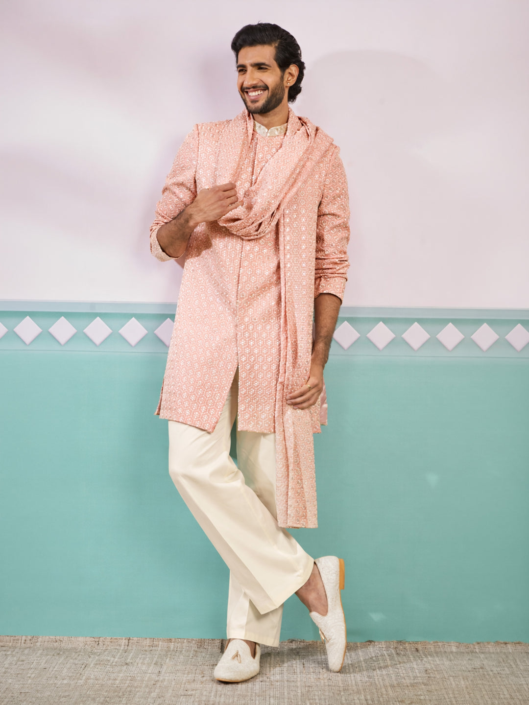 Peach Rayon Embroidered Indo Western Set with Dupatta
