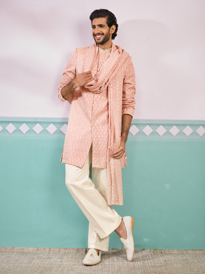 Peach Rayon Embroidered Indo Western Set with Dupatta