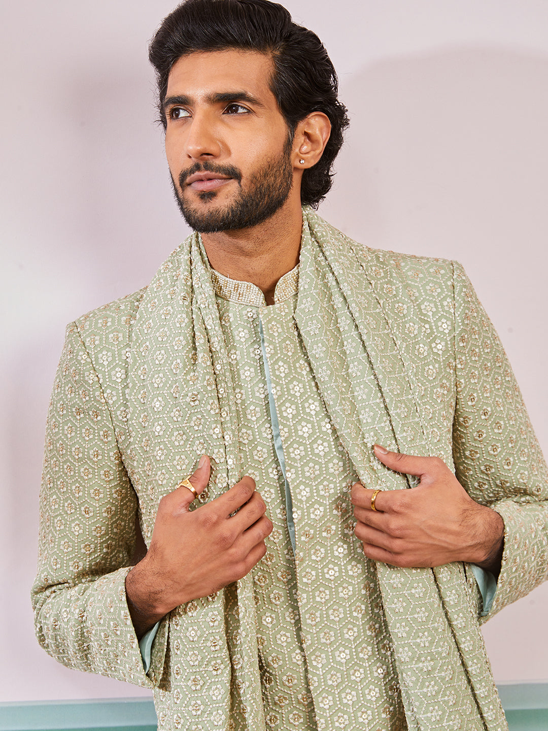 Men's Pista Green Rayon Indo Western, Pyjama And Dupatta Set