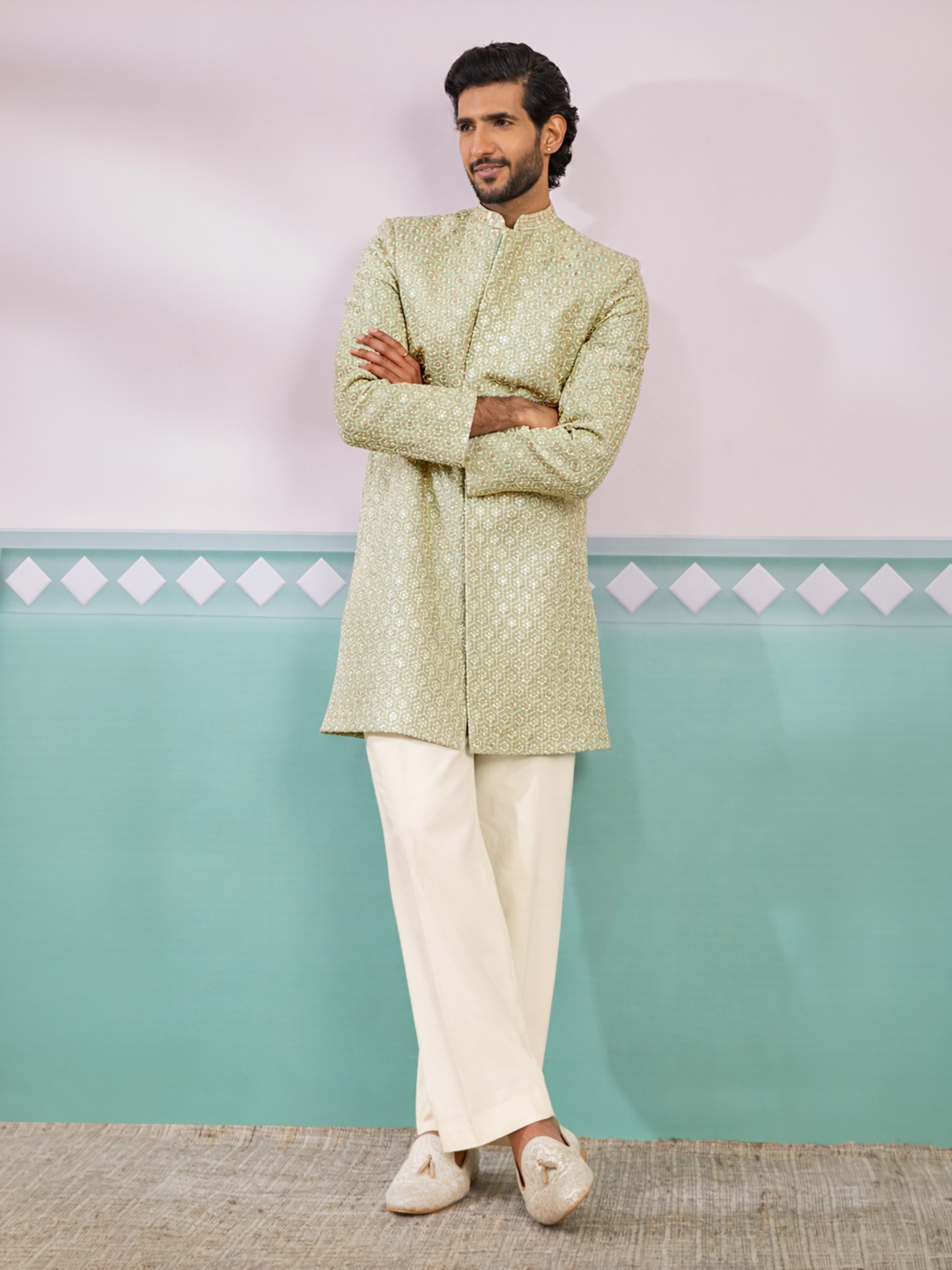 Green Rayon Geometric Sequin Indo Western Set for Men