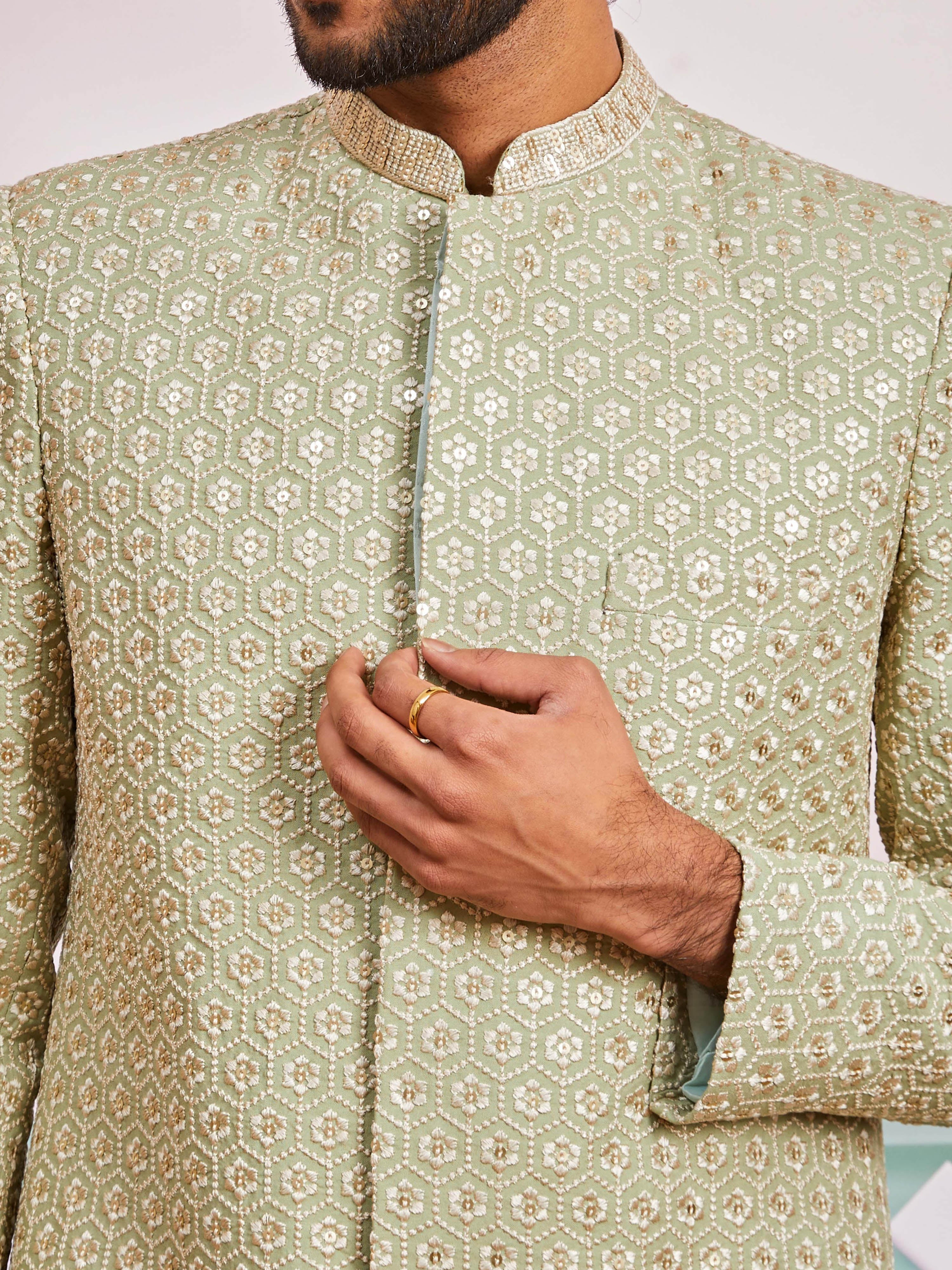 Men's Green Rayon Geometry Thigh Length Indo Western Set with Wide Leg Pant