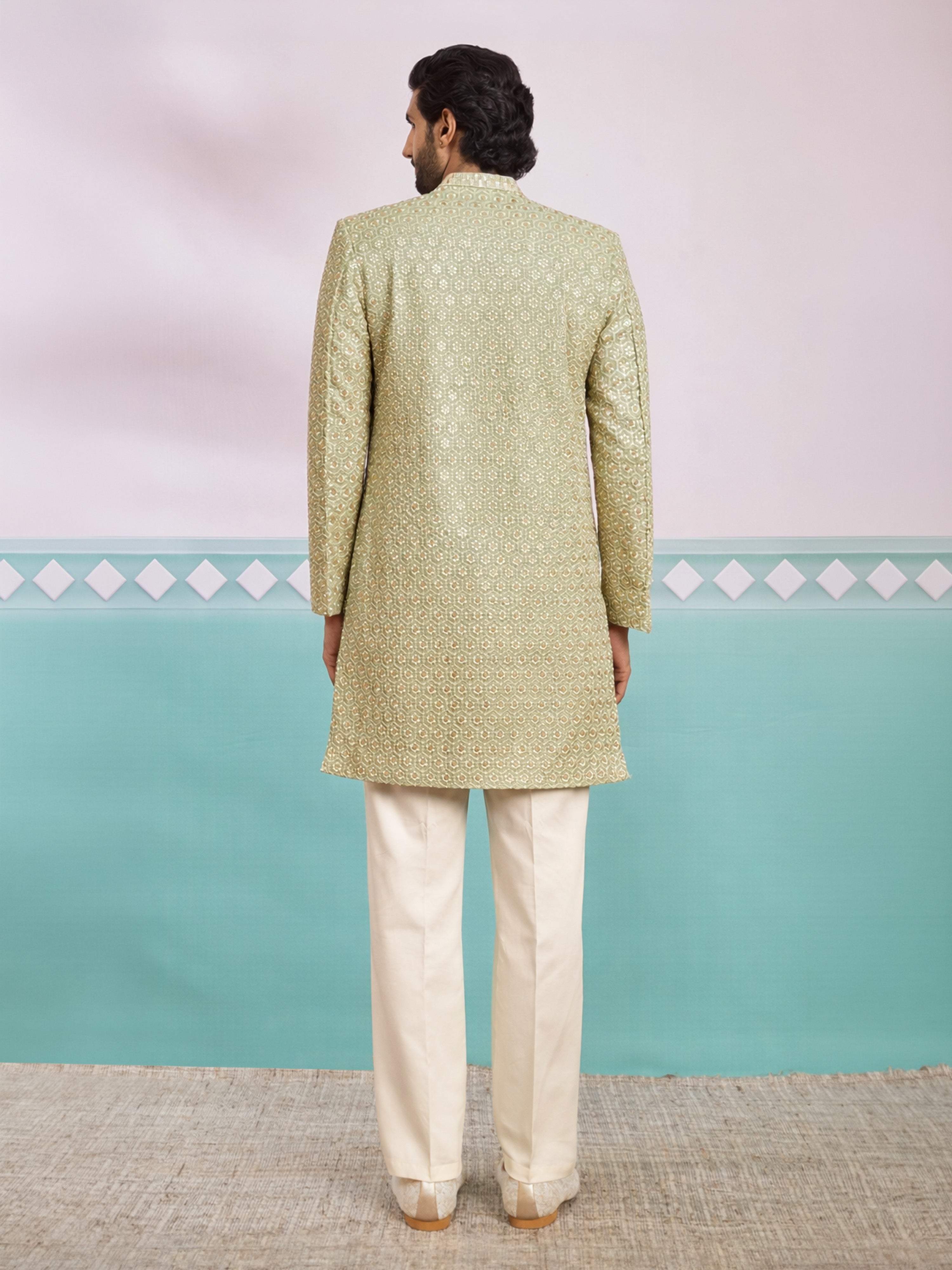 Men's Green Rayon Geometry Thigh Length Indo Western Set with Wide Leg Pant