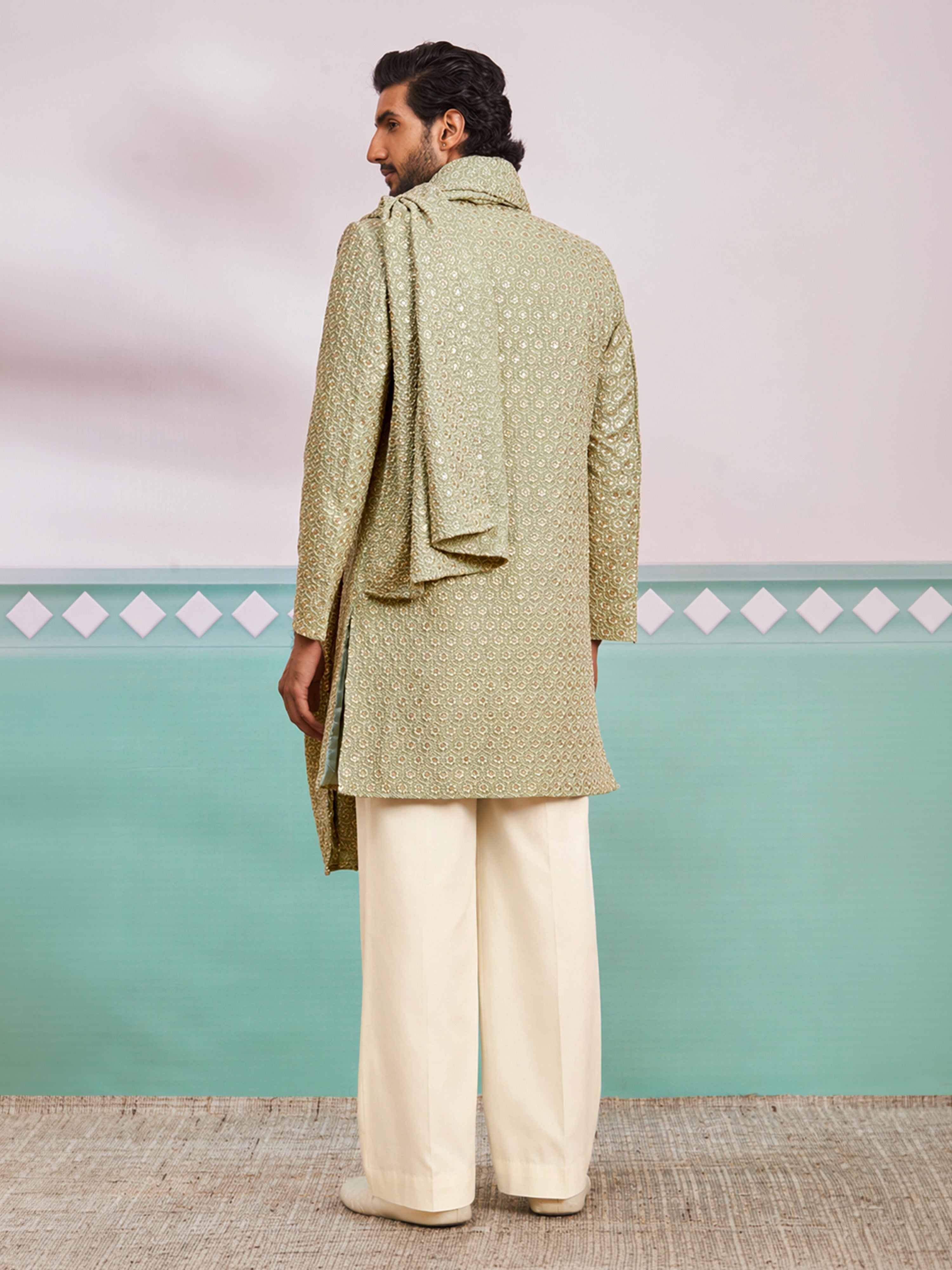 Men's Green Rayon Geometry Calf Length Indo Western Set with Wide Leg Pant