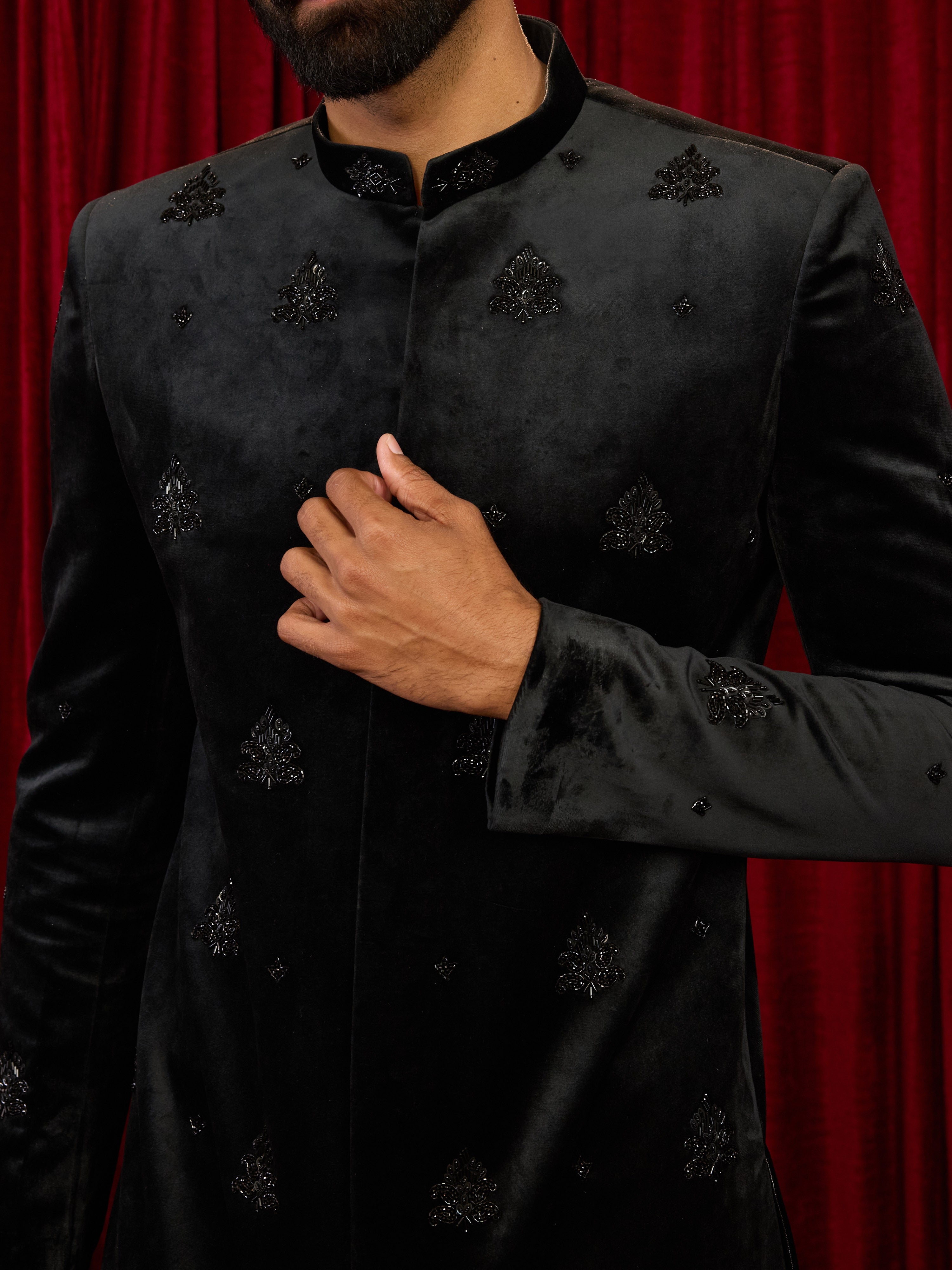 Black Velvet Embroidered Indo Western Set with Bandhgala