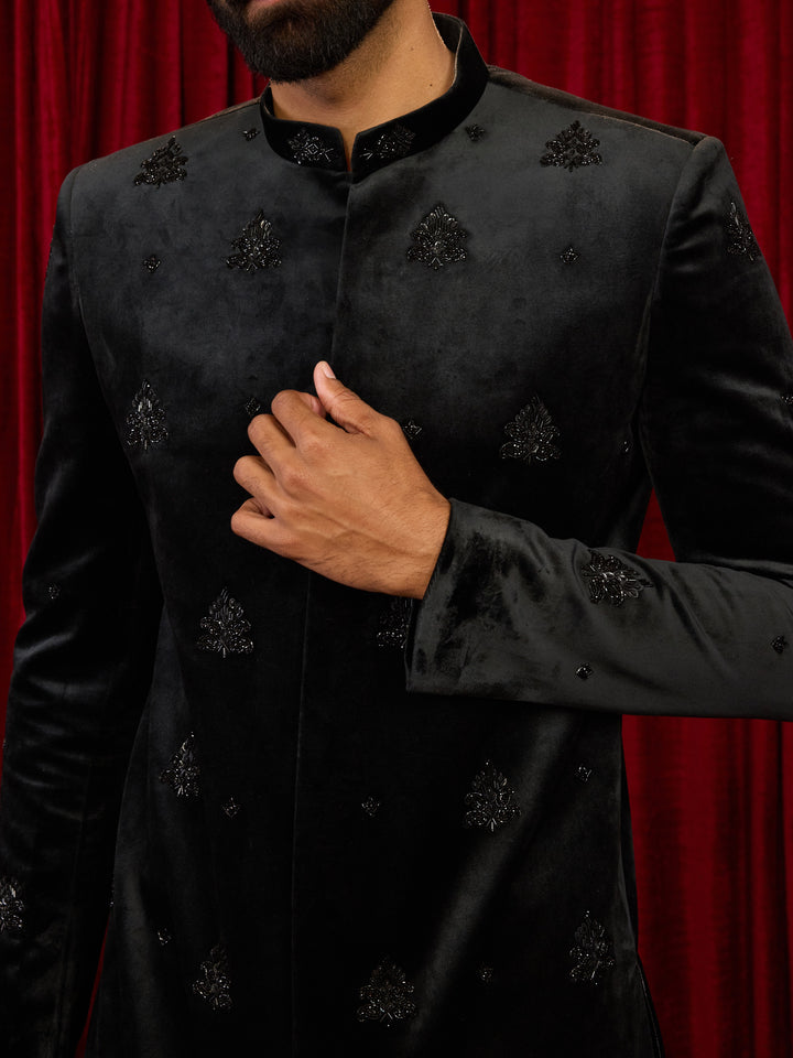 Black Velvet Embroidered Indo Western Set with Bandhgala