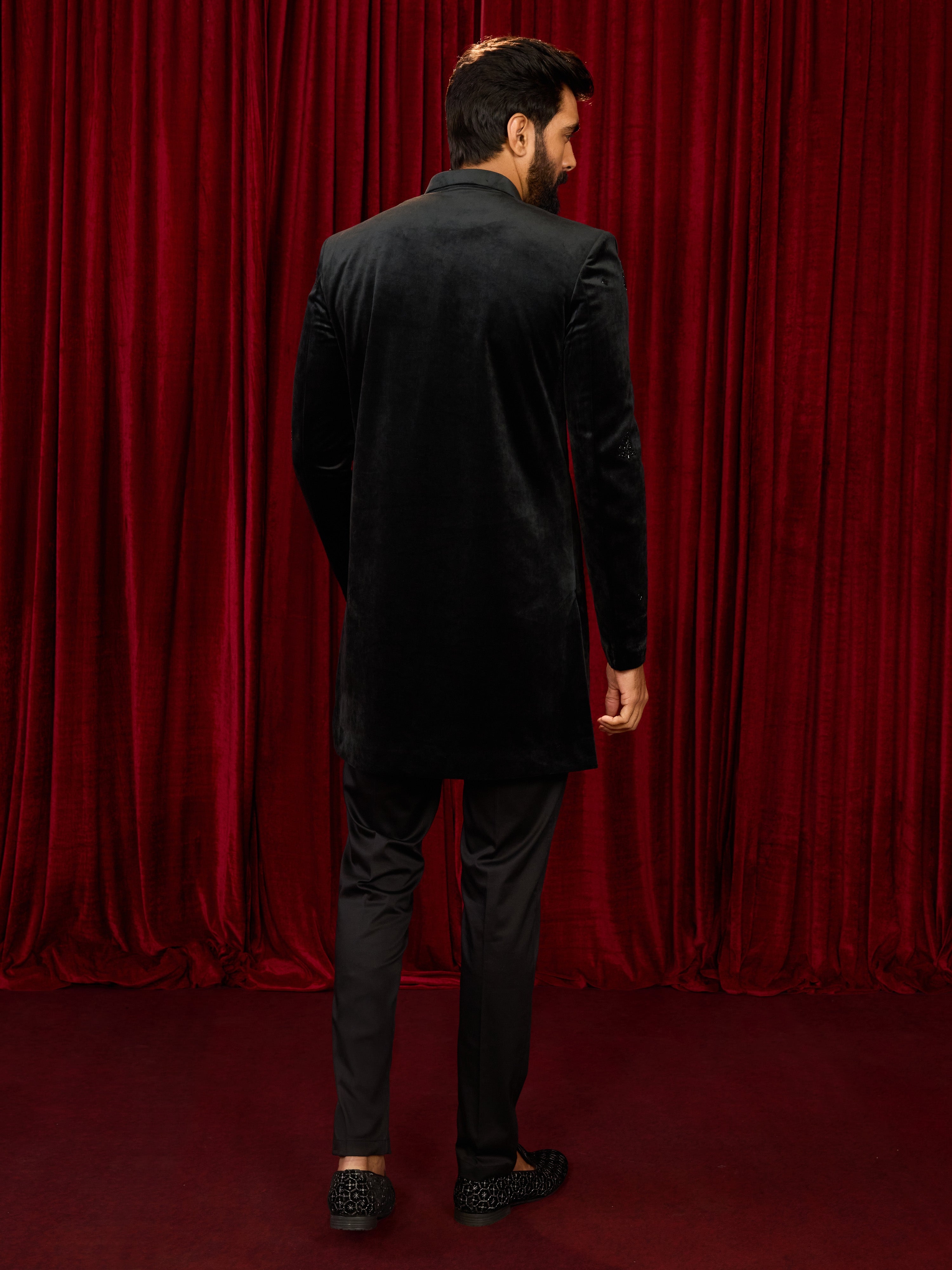 Men's Black Velvet Embroidered, Sequin Thigh Length Indo Western Set with Straight Pant