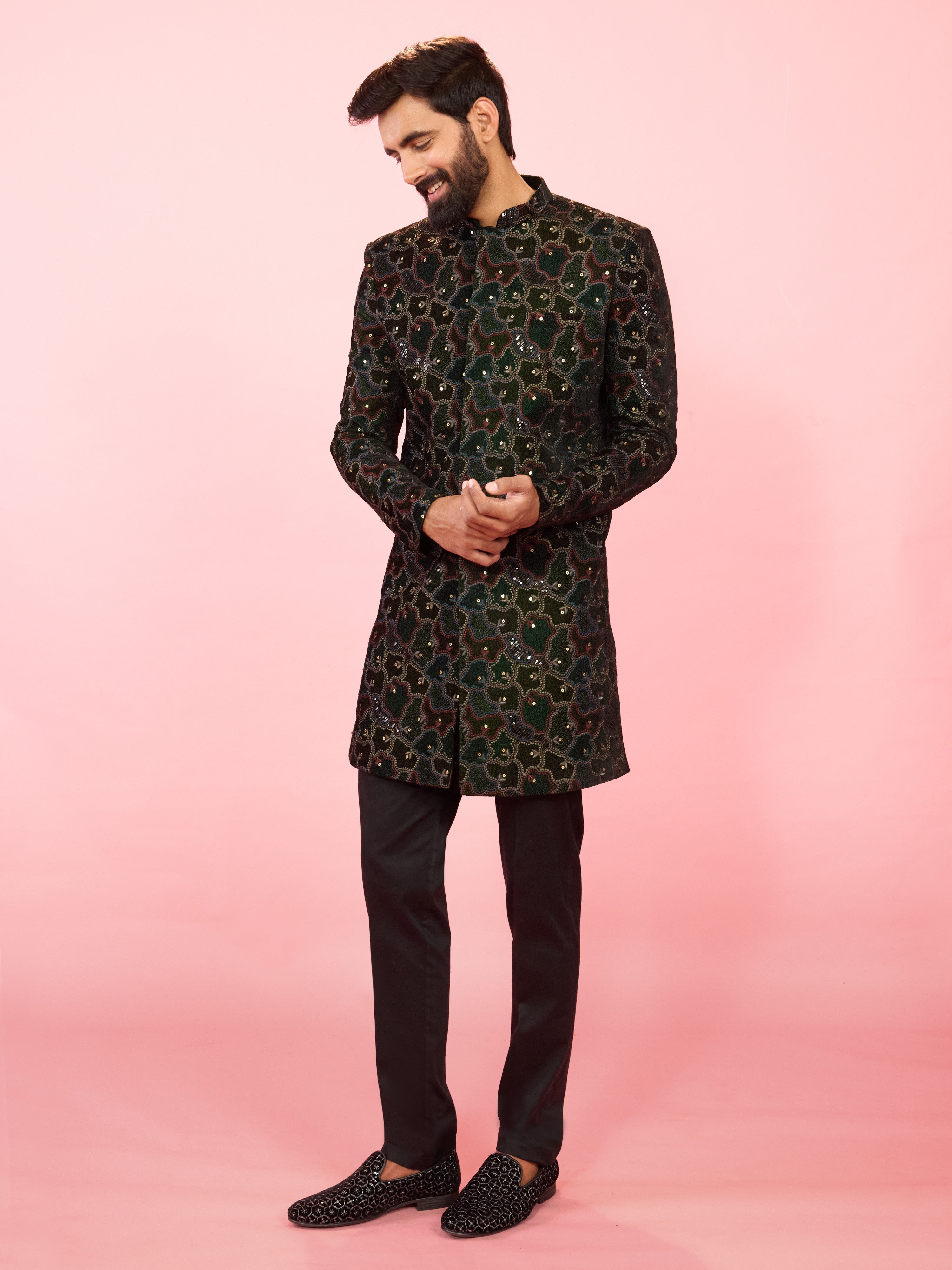 Men's Green Velvet Geometric Embroidered Indo-Western Set with Black Pant