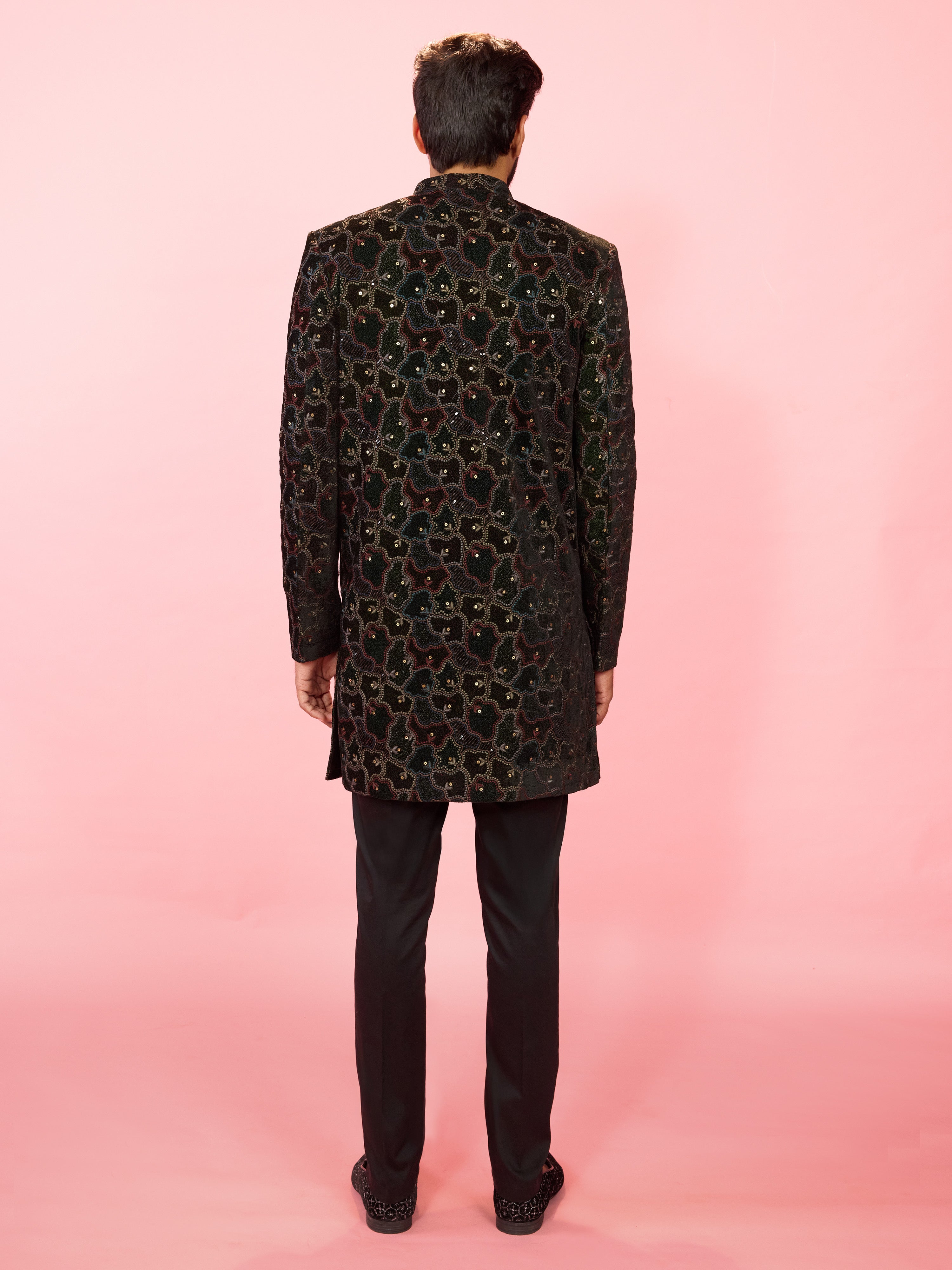 Men's Green Velvet Geometric Embroidered Indo-Western Set with Black Pant