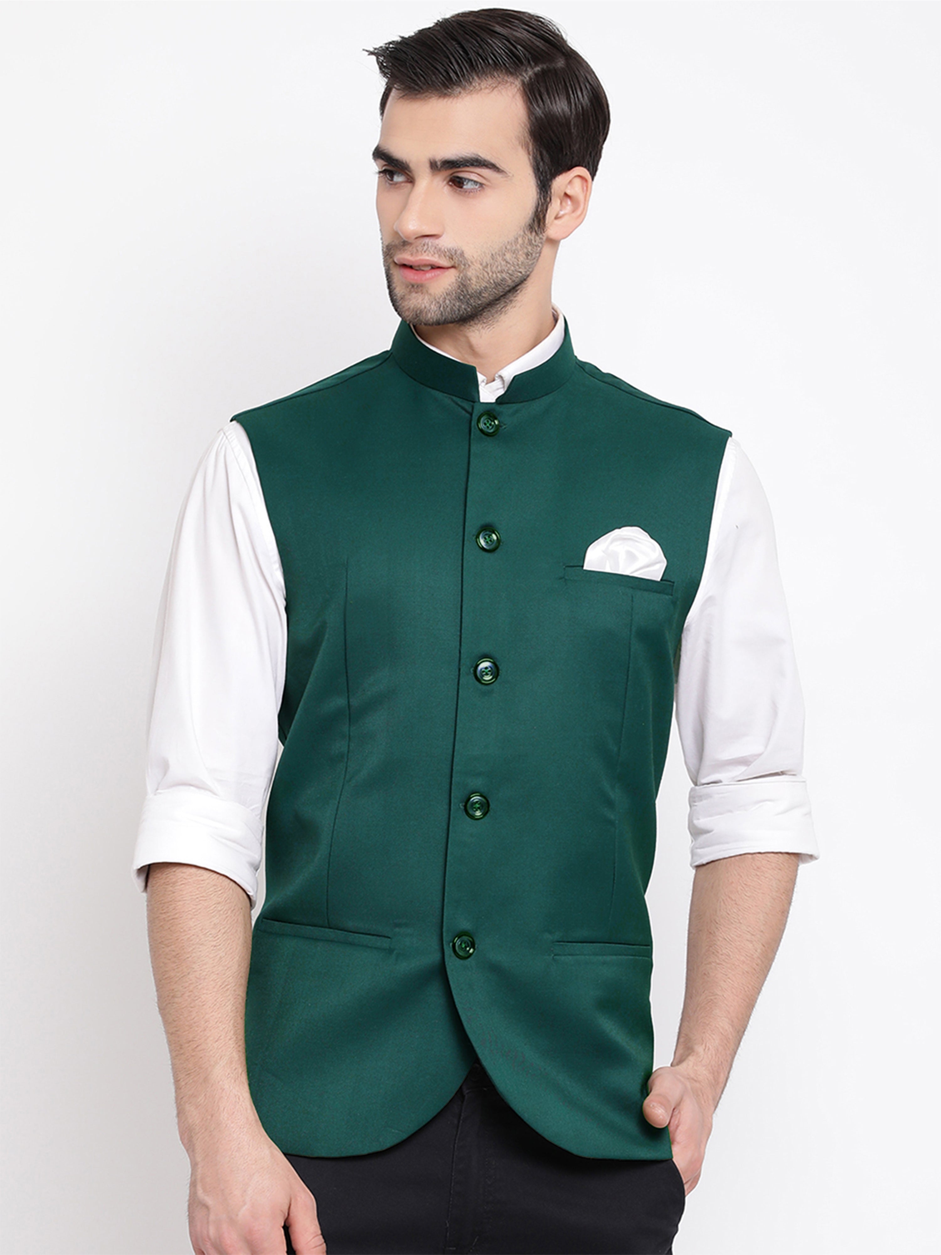 Dark Green Cotton Silk Solid Nehru Jacket for Men