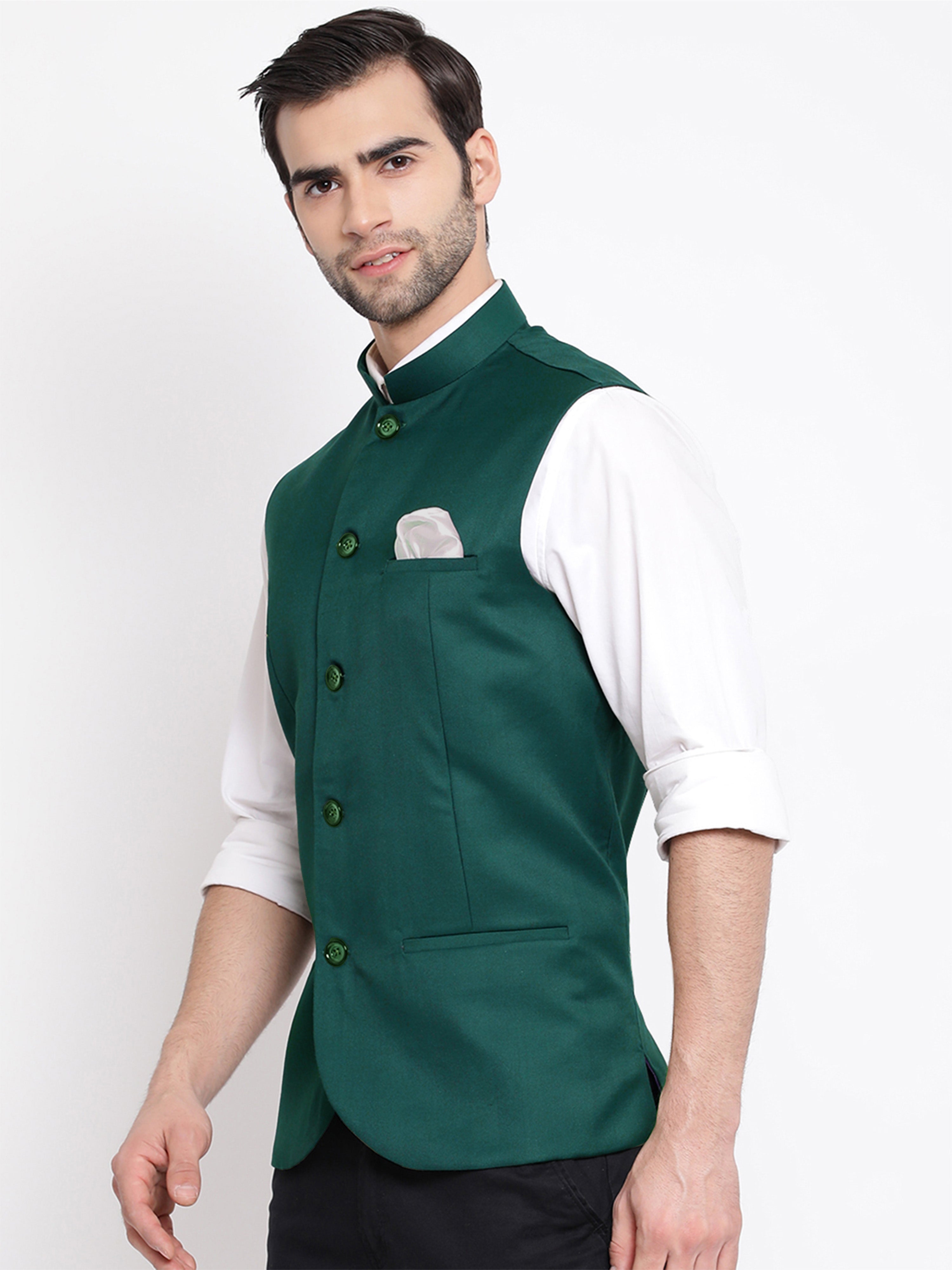Men's Green Cotton Silk Solid Regular Nehru Jacket