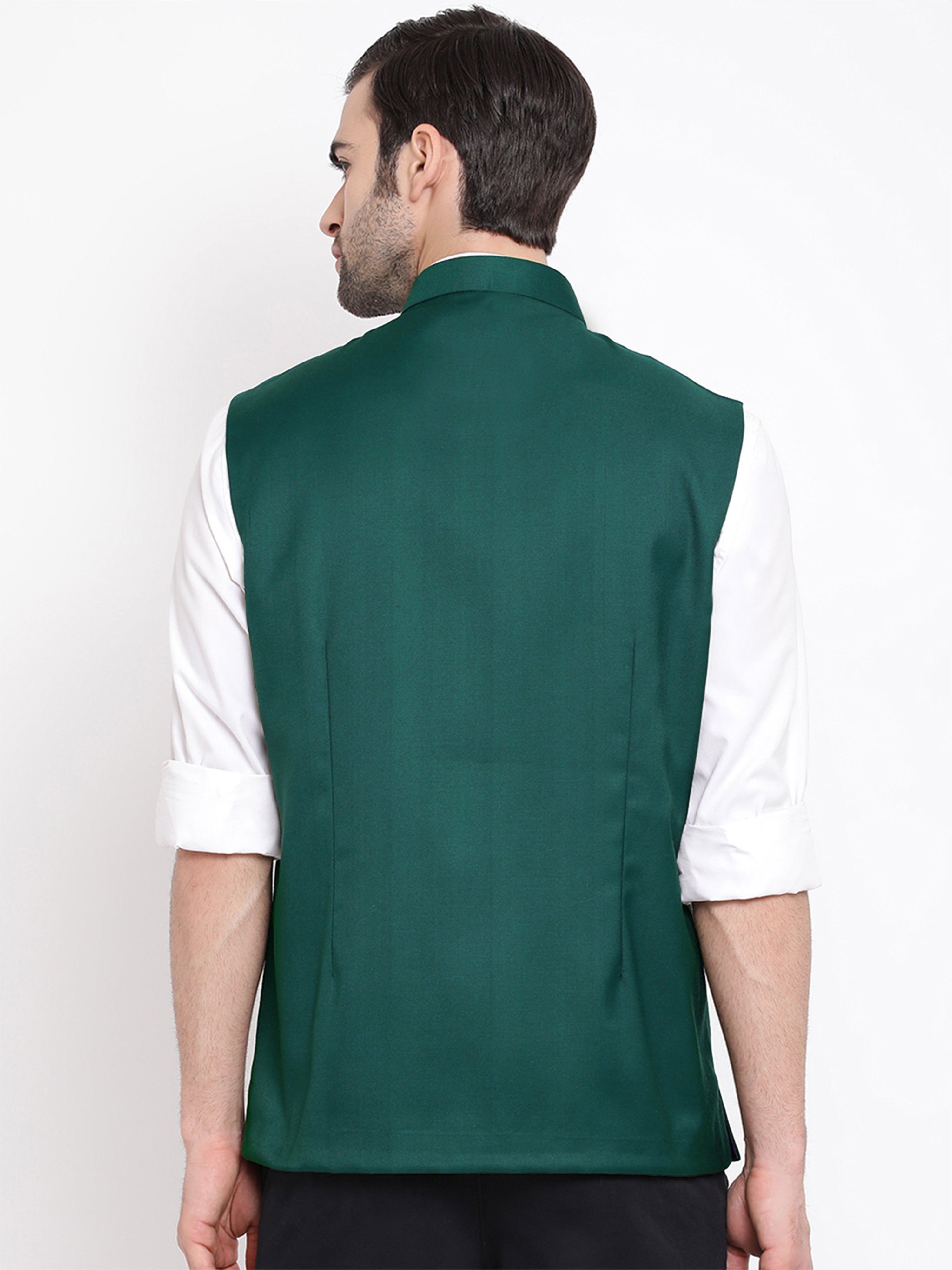 Men's Green Cotton Silk Solid Regular Nehru Jacket