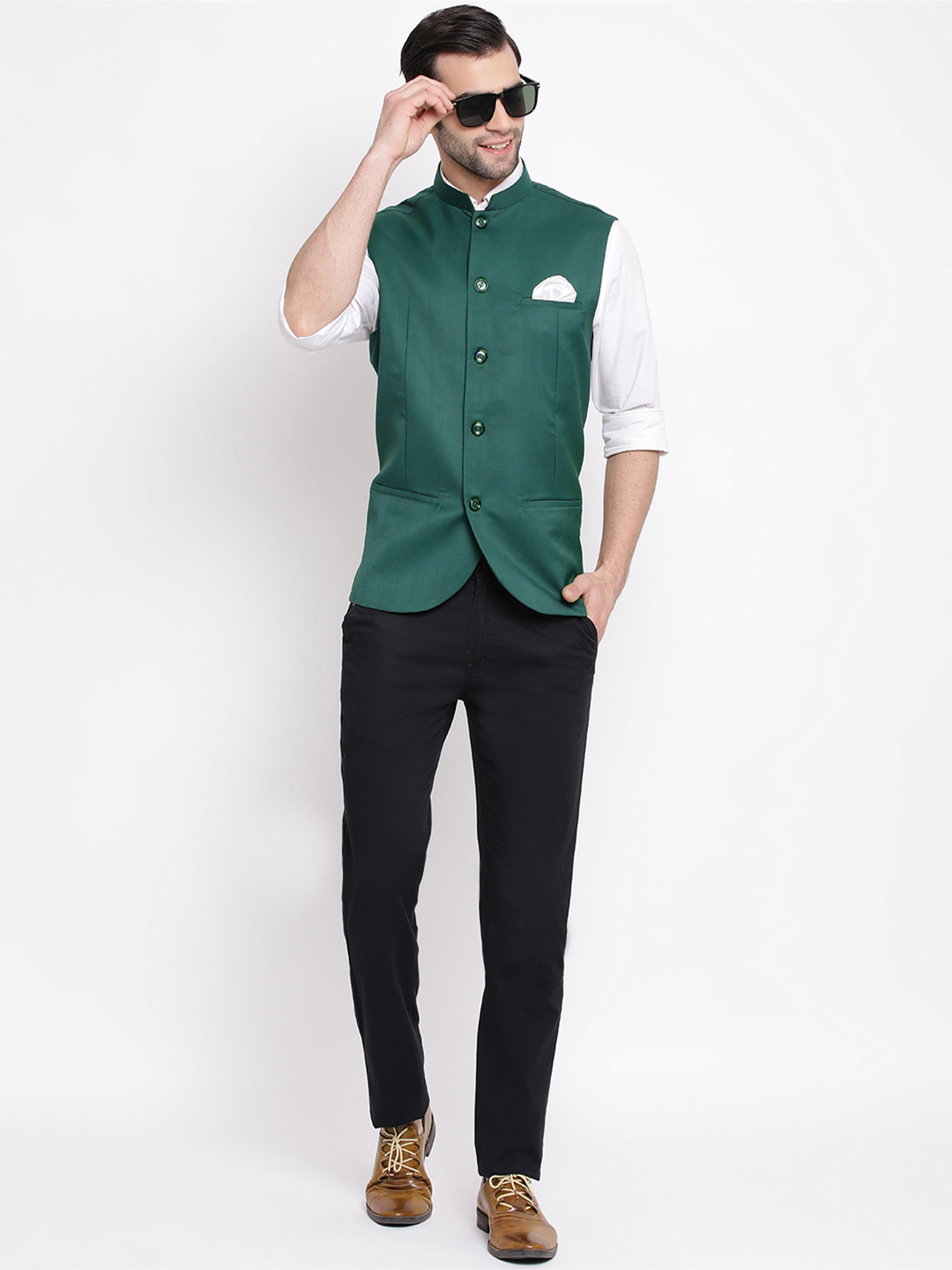 Men's Green Cotton Silk Solid Regular Nehru Jacket