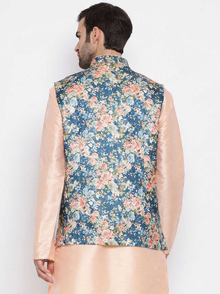 VASTRAMAY Men's Peach And Blue  Printed Woven Nehru Jacket