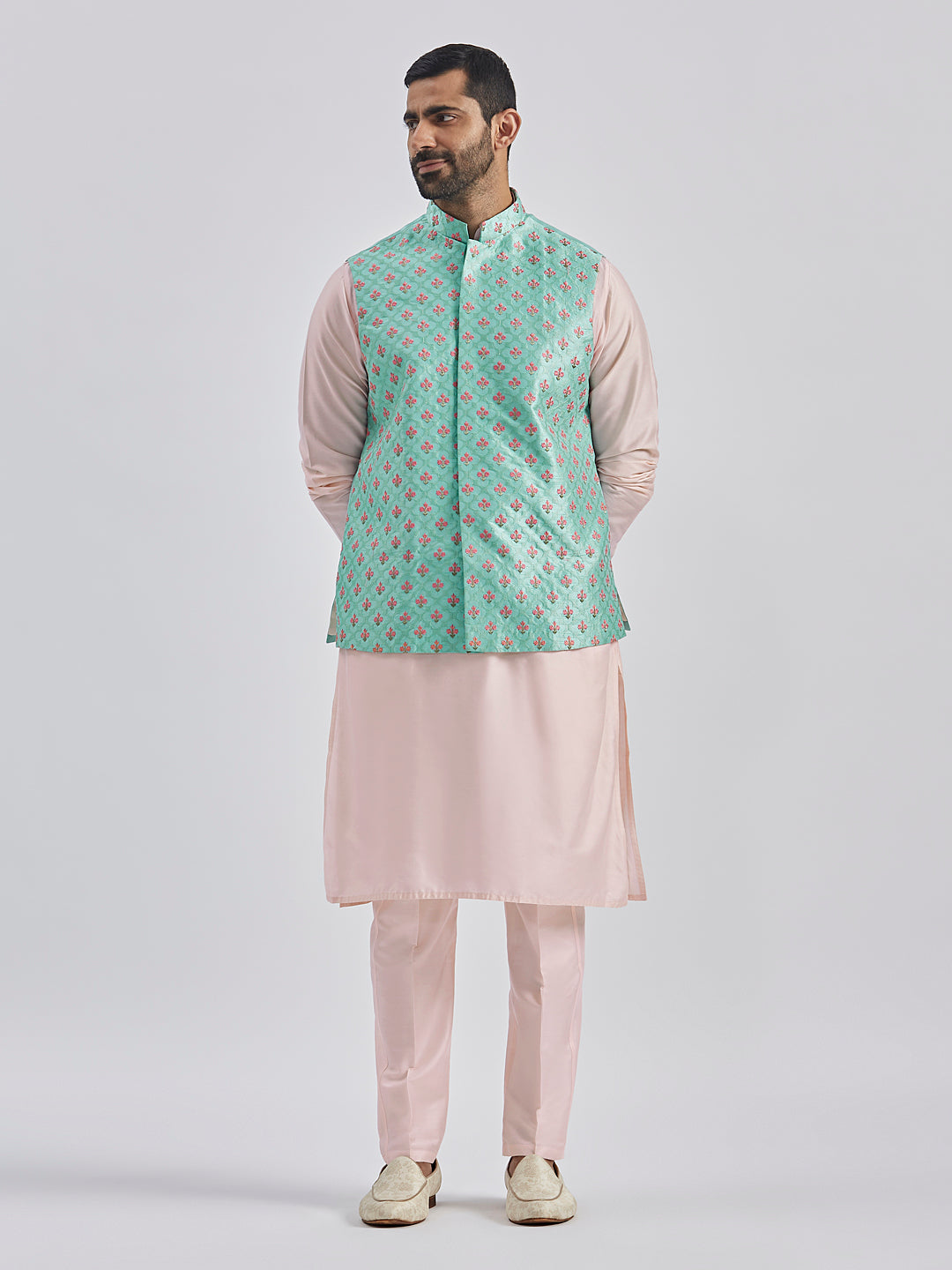 Men's Mint Green And Pink Poly Viscose Jacket, Kurta And Pyjama Set