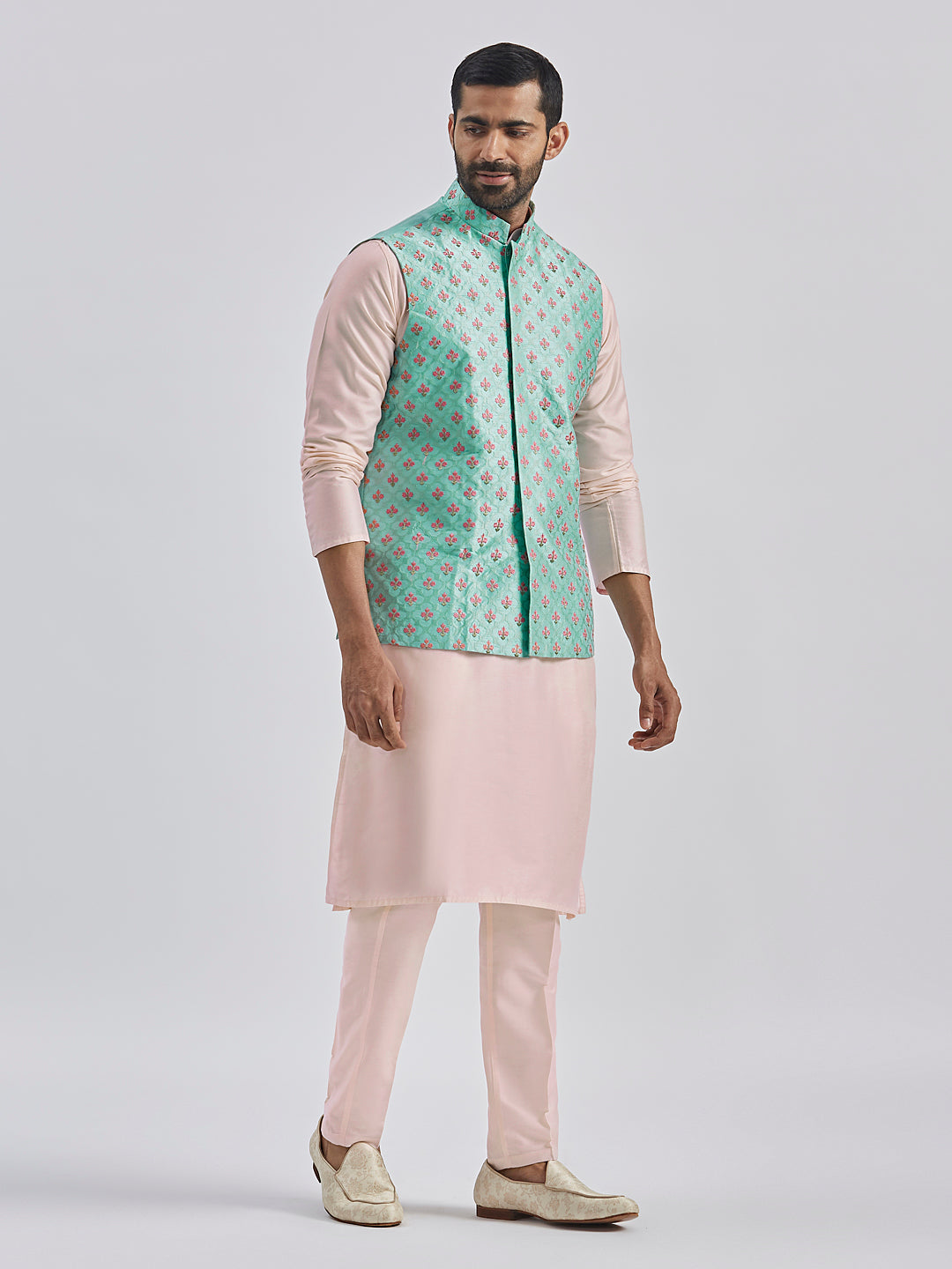 Men's Mint Green And Pink Poly Viscose Jacket, Kurta And Pyjama Set