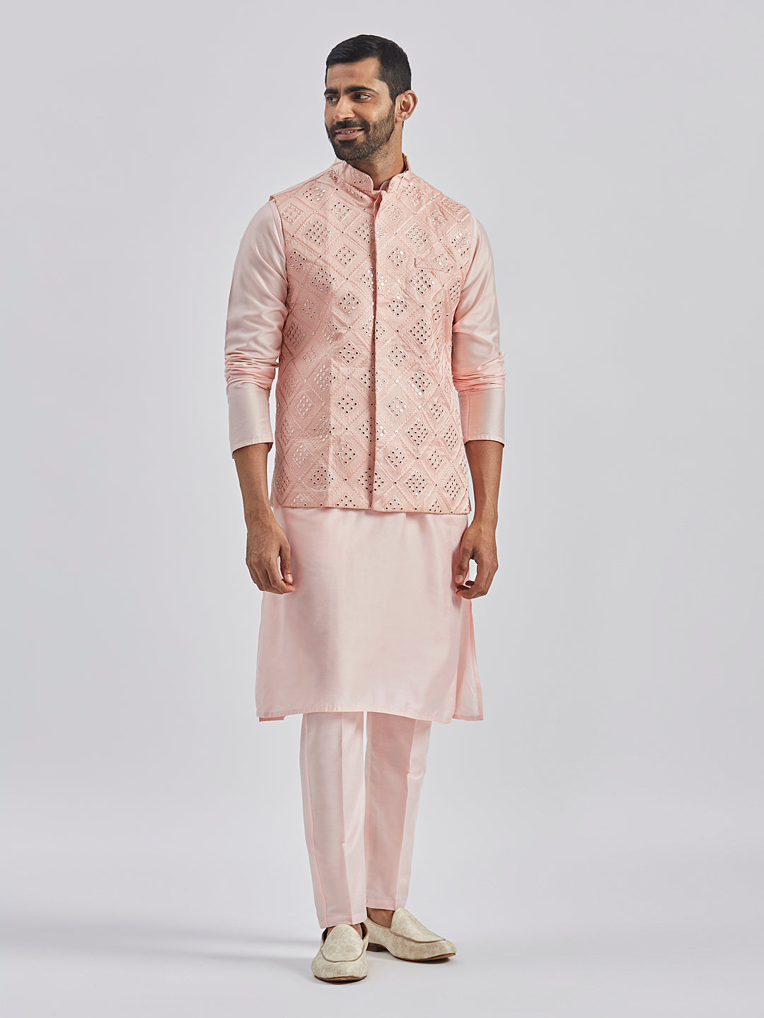 Men's Pink Poly Viscose Jacket, Kurta And Pyjama Set