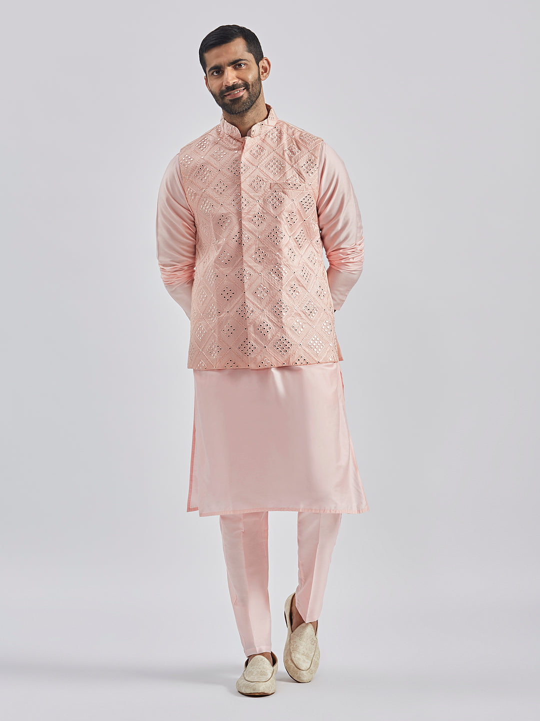 Men's Pink Poly Viscose Jacket, Kurta And Pyjama Set