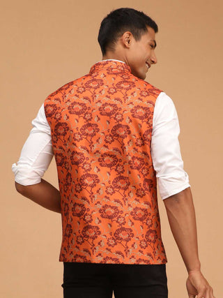 VASTRAMAY Men's Rust Printed Nehru Jacket