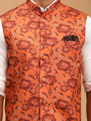 VASTRAMAY Men's Rust Printed Nehru Jacket