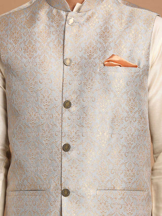 VASTRAMAY Men's Grey Silk Blend Woven Nehru Jacket