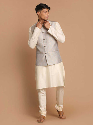 VASTRAMAY Men's Grey Silk Blend Woven Nehru Jacket
