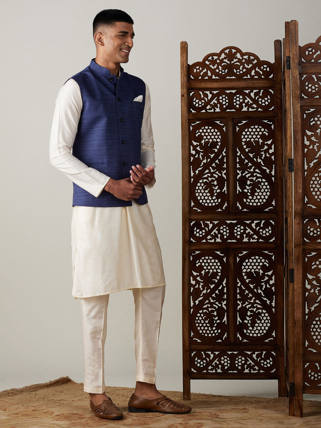 Men Blue Silk Blend Nehru Jacket with Cream Silk Kurta & Viscose Pyjama Set