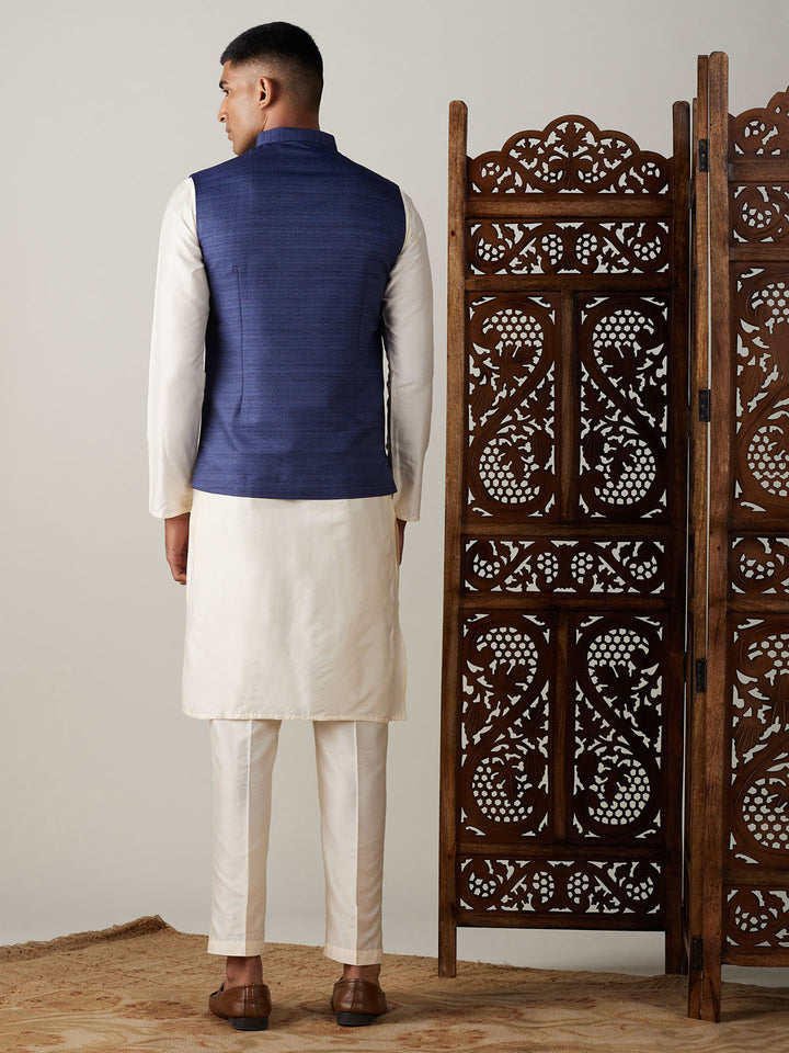 Men Blue Silk Blend Nehru Jacket with Cream Silk Kurta &amp; Viscose Pyjama Set