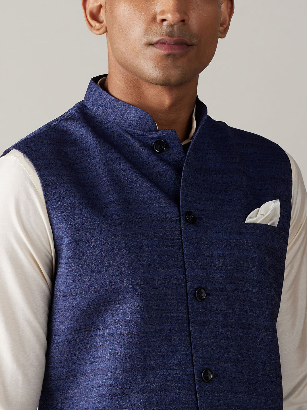Men Blue Silk Blend Nehru Jacket with Cream Silk Kurta & Viscose Pyjama Set