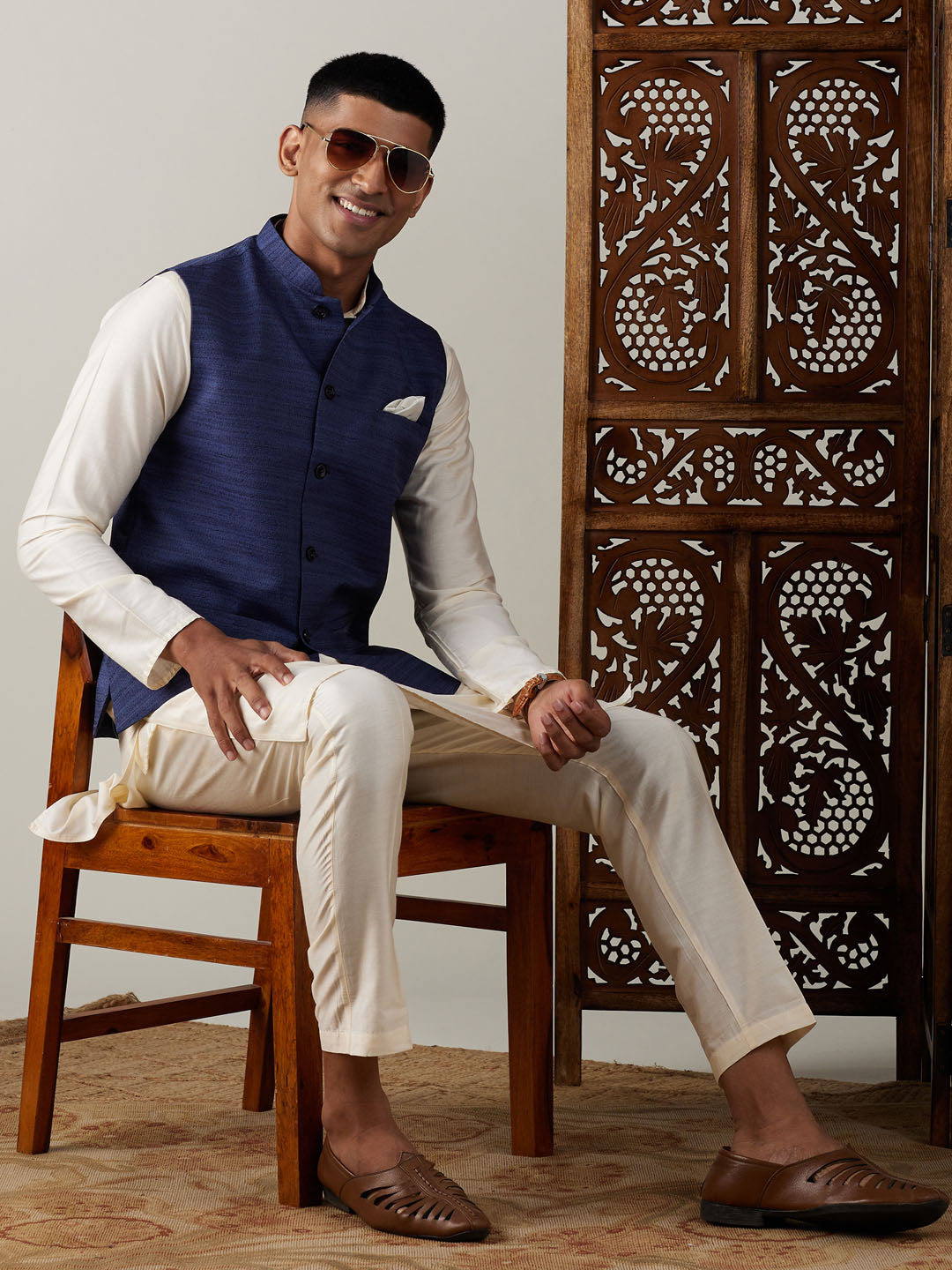 Men Blue Silk Blend Nehru Jacket with Cream Silk Kurta & Viscose Pyjama Set