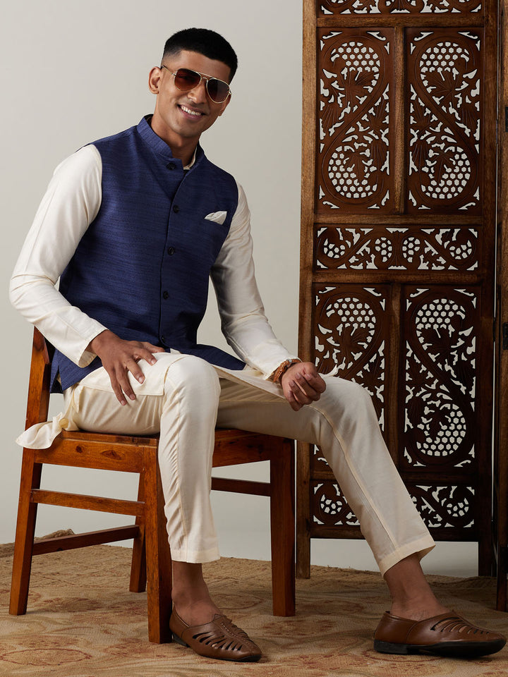 Men Blue Silk Blend Nehru Jacket with Cream Silk Kurta &amp; Viscose Pyjama Set
