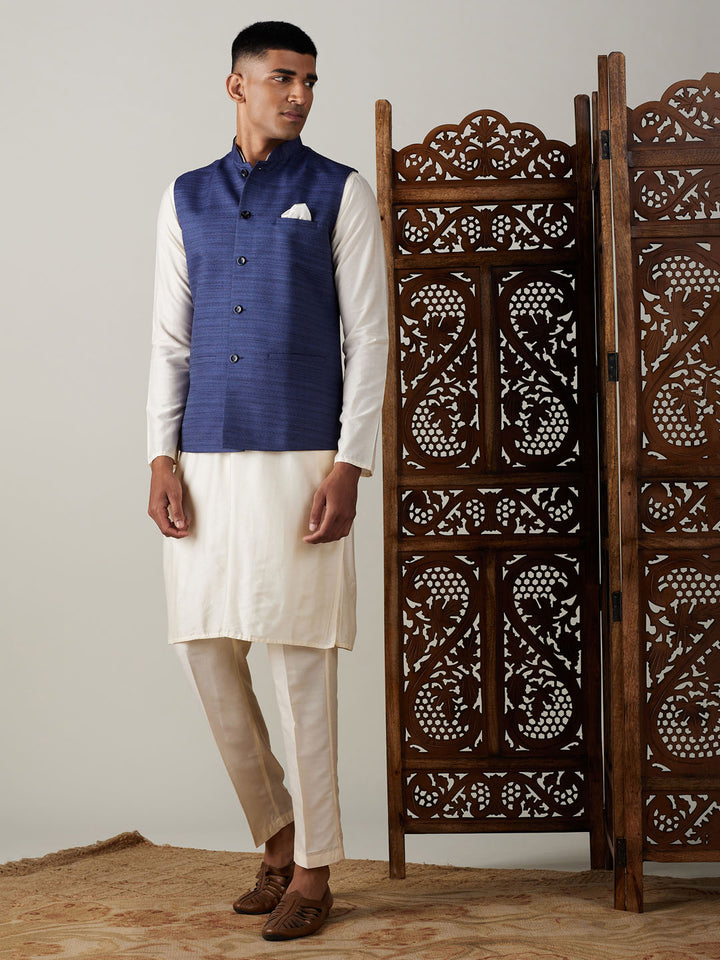 Men Blue Silk Blend Nehru Jacket with Cream Silk Kurta &amp; Viscose Pyjama Set
