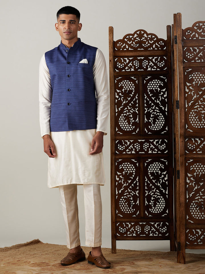 Men Blue Silk Blend Nehru Jacket with Cream Silk Kurta &amp; Viscose Pyjama Set