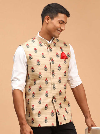 VASTRAMAY Men's Beige Rose Print Matka Silk Nehru Jacket